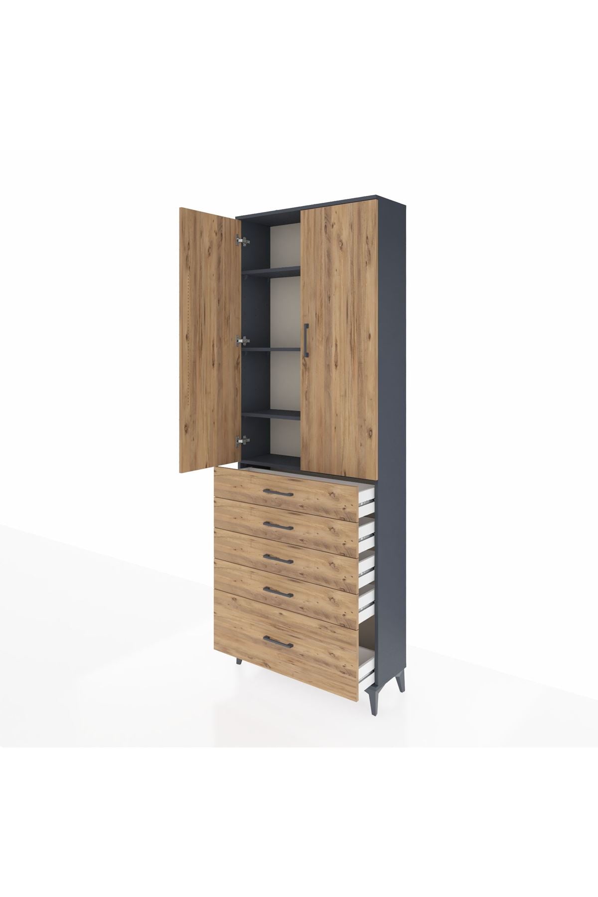 Arges Dolap 4 Raflı 5 Çekmeceli 2 Kapaklı 88x30x243 Antrasit-Çam
