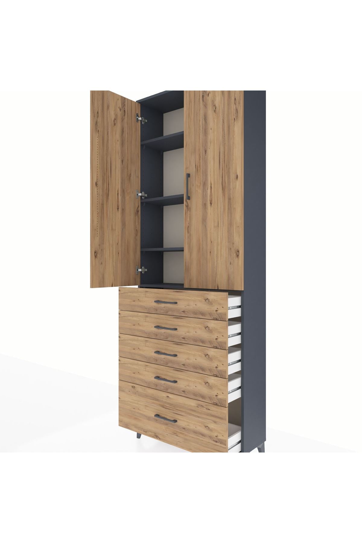 Arges Dolap 4 Raflı 5 Çekmeceli 2 Kapaklı 88x30x243 Antrasit-Çam