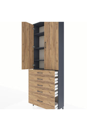 Arges Dolap 4 Raflı 5 Çekmeceli 2 Kapaklı 88x30x243 Antrasit-Çam