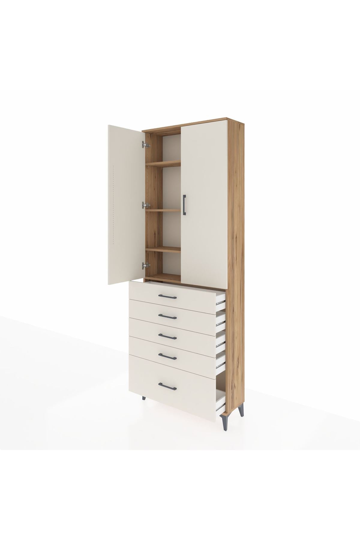 Arges Dolap 4 Raflı 5 Çekmeceli 2 Kapaklı 88x30x243 Çam-Aytaşı