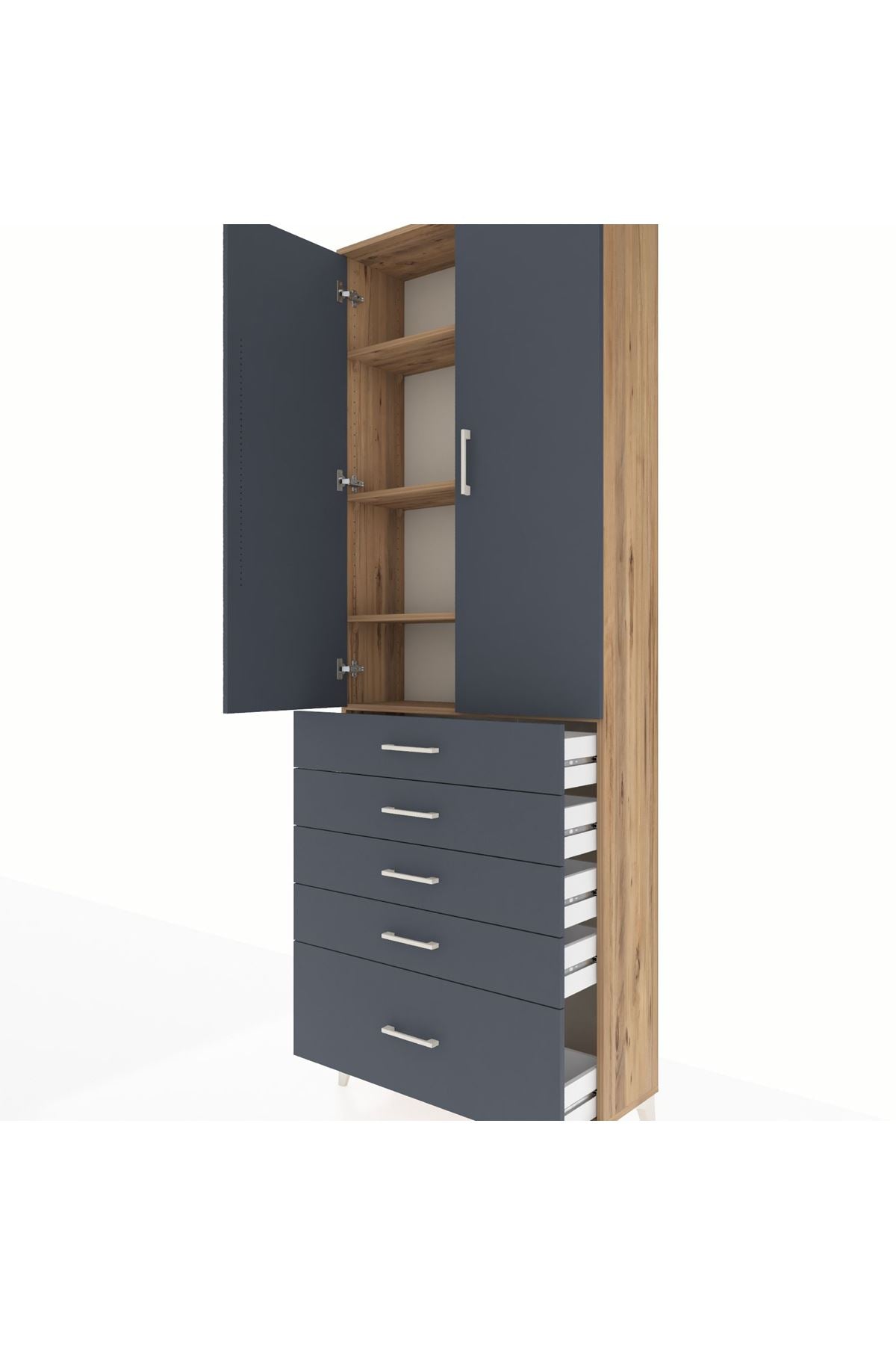 Arges Dolap 4 Raflı 5 Çekmeceli 2 Kapaklı 88x30x243 Çam-Antrasit