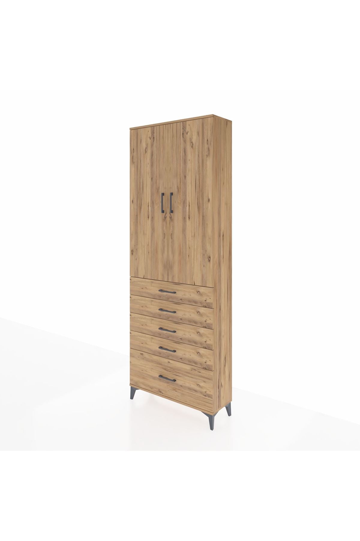 Arges Dolap 4 Raflı 5 Çekmeceli 2 Kapaklı 88x30x243 Çam-Çam