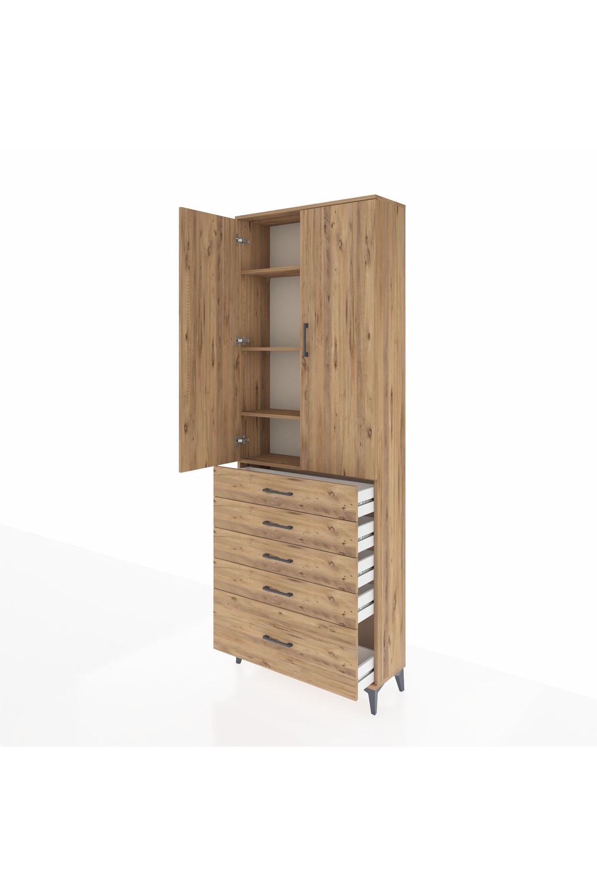 Arges Dolap 4 Raflı 5 Çekmeceli 2 Kapaklı 88x30x243 Çam-Çam