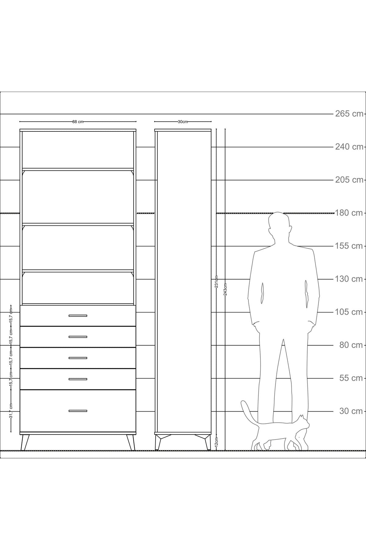 Arges Dolap 4 Raflı 5 Çekmeceli 88x30x243 Antrasit-Çam