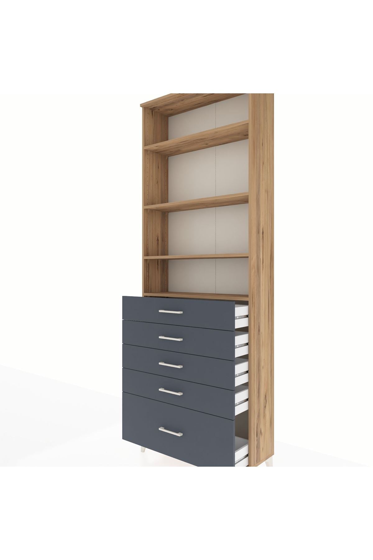 Arges Dolap 4 Raflı 5 Çekmeceli 88x30x243 Çam-Antrasit