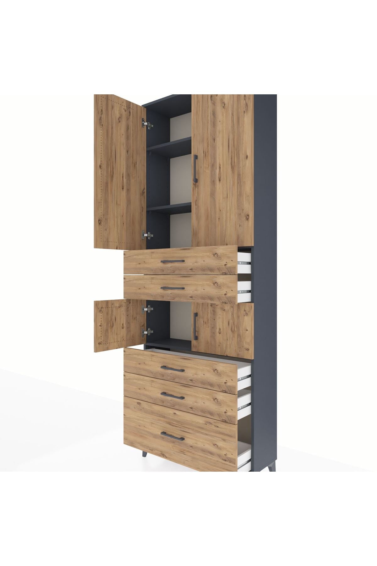 Arges Dolap 4 Raflı 5 Çekmeceli 4 Kapaklı 88x30x243 Antrasit-Çam