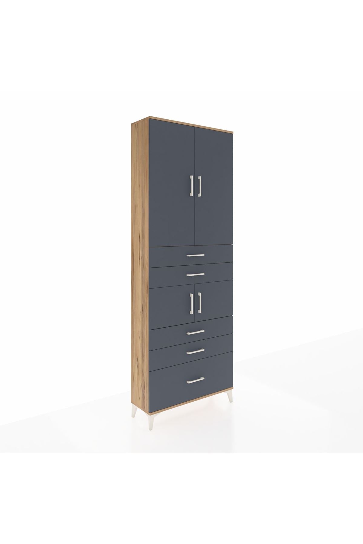 Arges Dolap 4 Raflı 5 Çekmeceli 4 Kapaklı 88x30x243 Çam-Antrasit