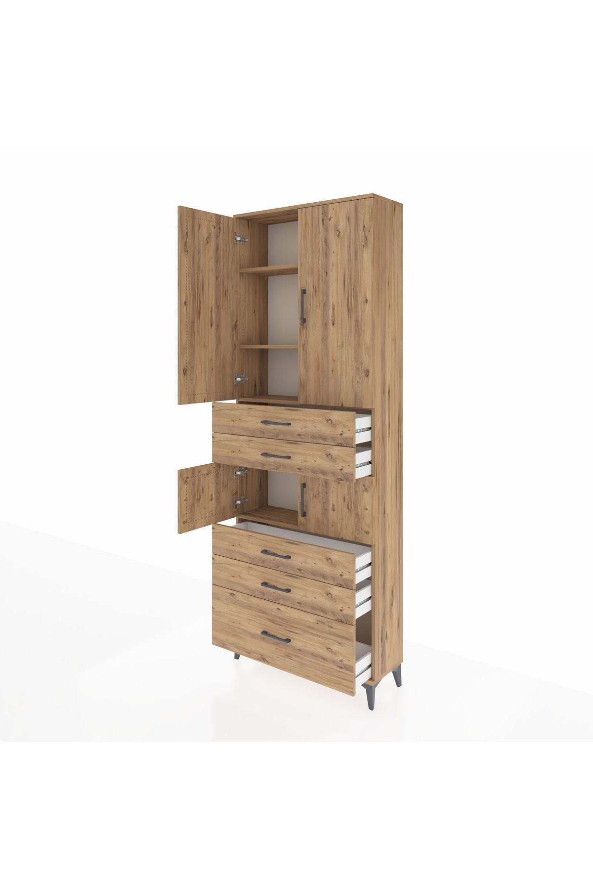 Arges Dolap 4 Raflı 5 Çekmeceli 4 Kapaklı 88x30x243 Çam-Çam