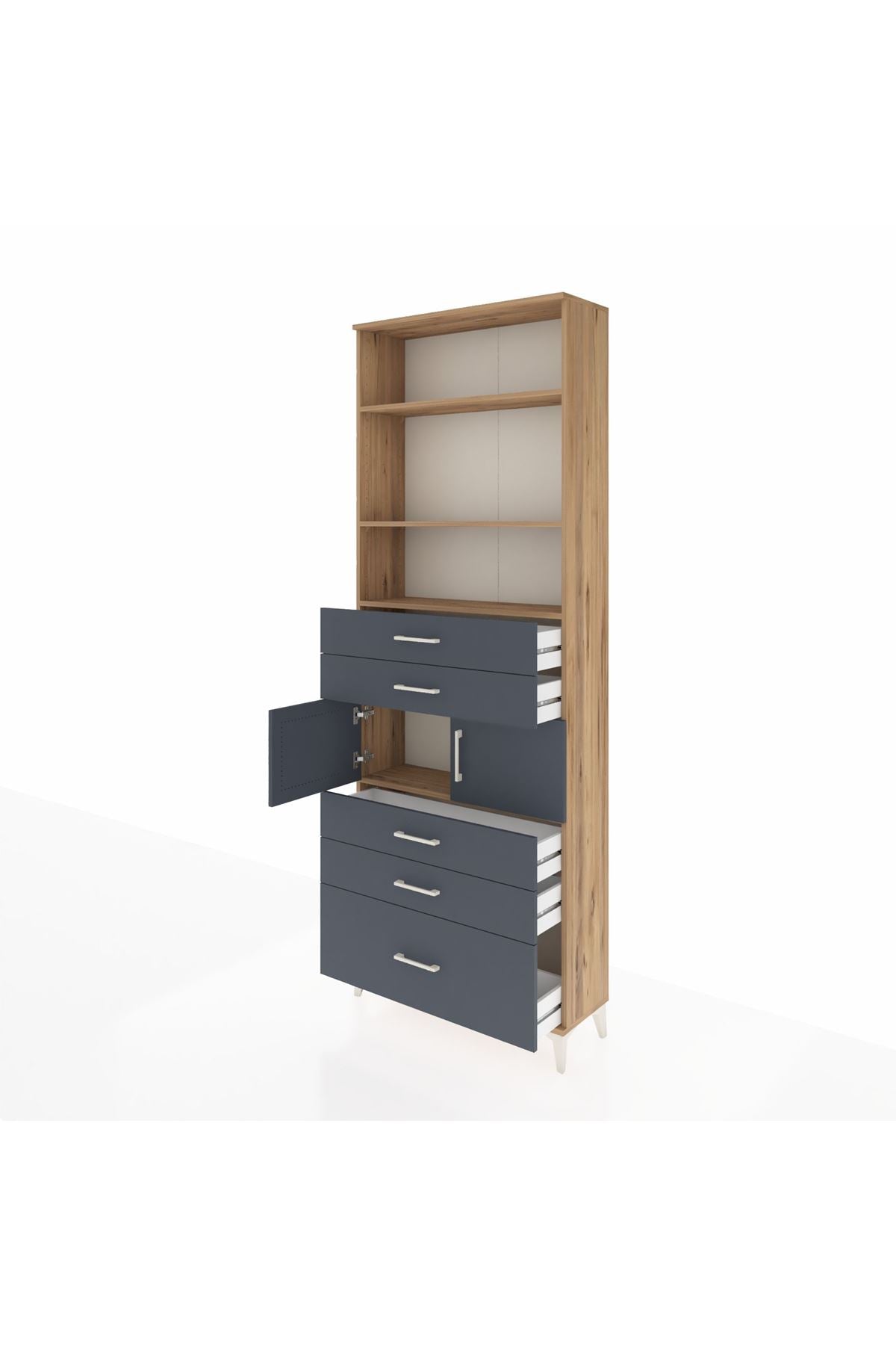 Arges Dolap 4 Raflı 5 Çekmeceli 2 Kapaklı 88x30x243 Çam-Antrasit