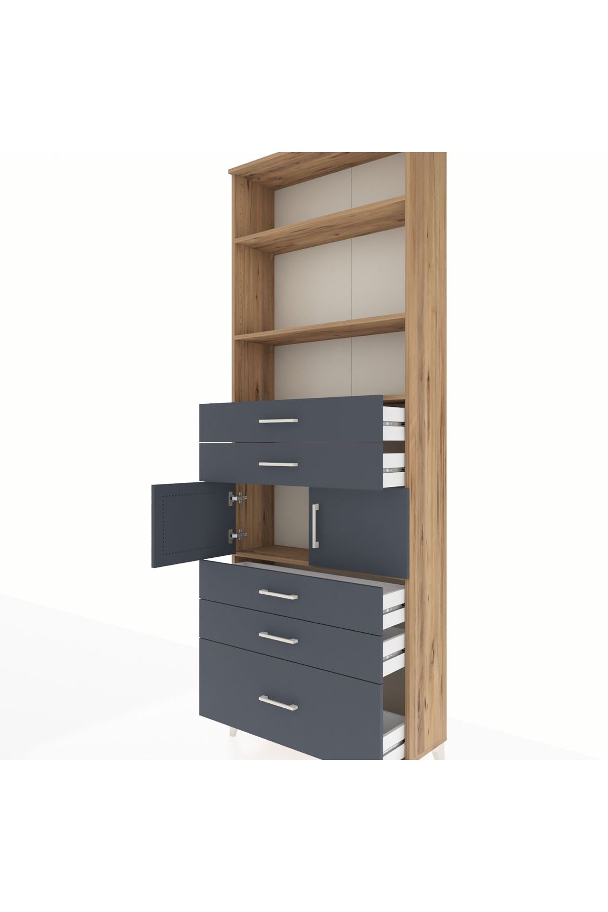 Arges Dolap 4 Raflı 5 Çekmeceli 2 Kapaklı 88x30x243 Çam-Antrasit