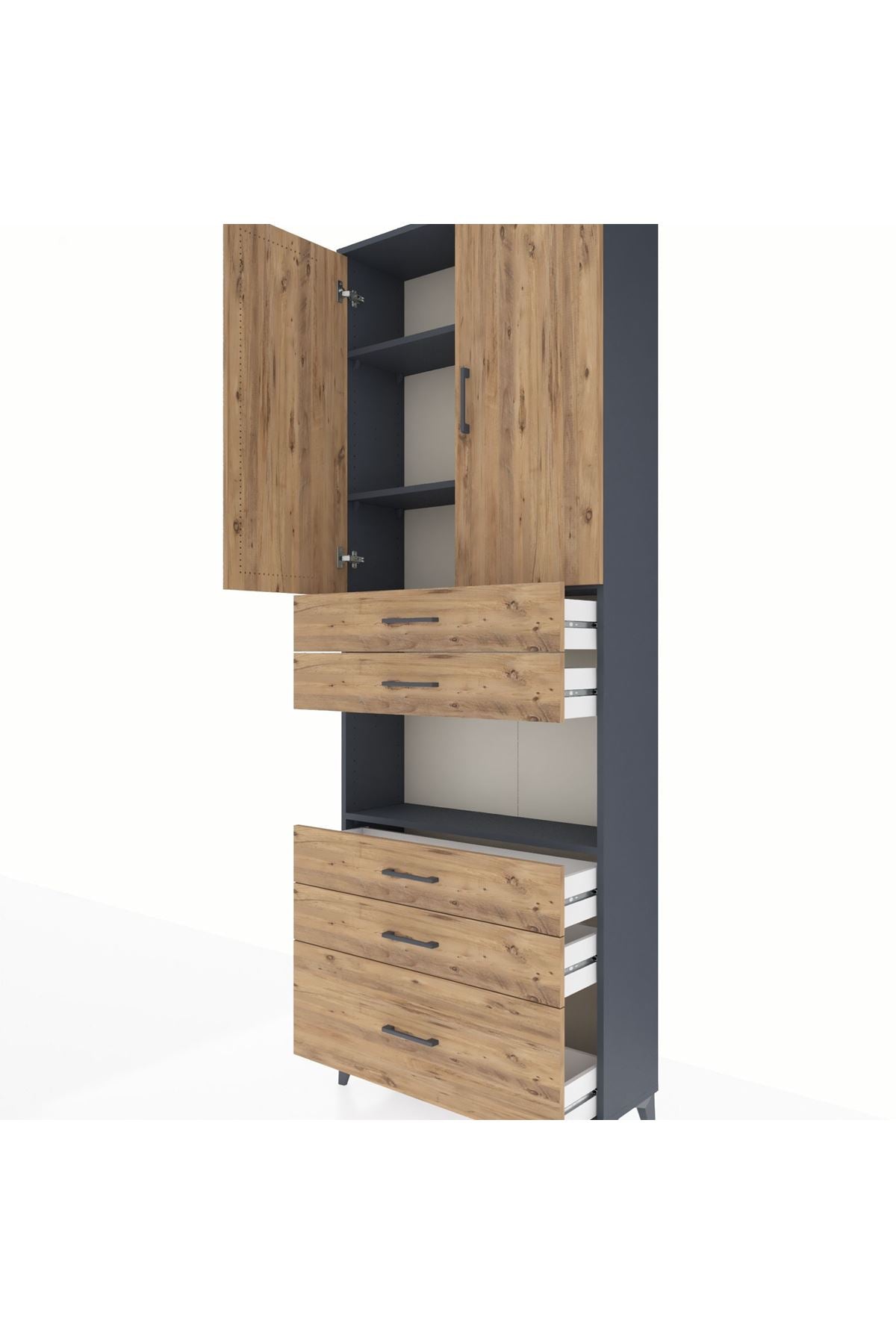 Arges Dolap 4 Raflı 5 Çekmeceli 2 Kapaklı 88x30x243 Antrasit-Çam