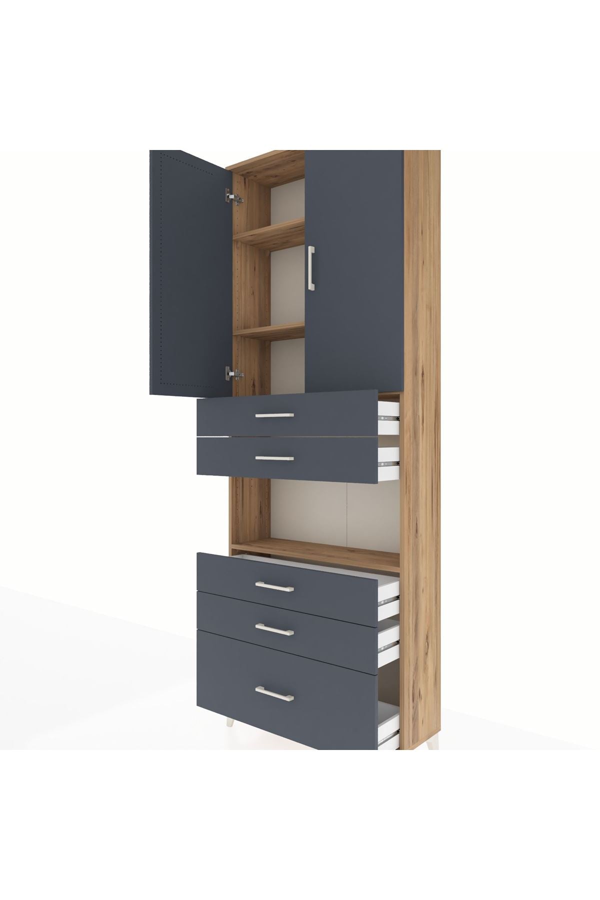 Arges Dolap 4 Raflı 5 Çekmeceli 2 Kapaklı 88x30x243 Çam-Antrasit