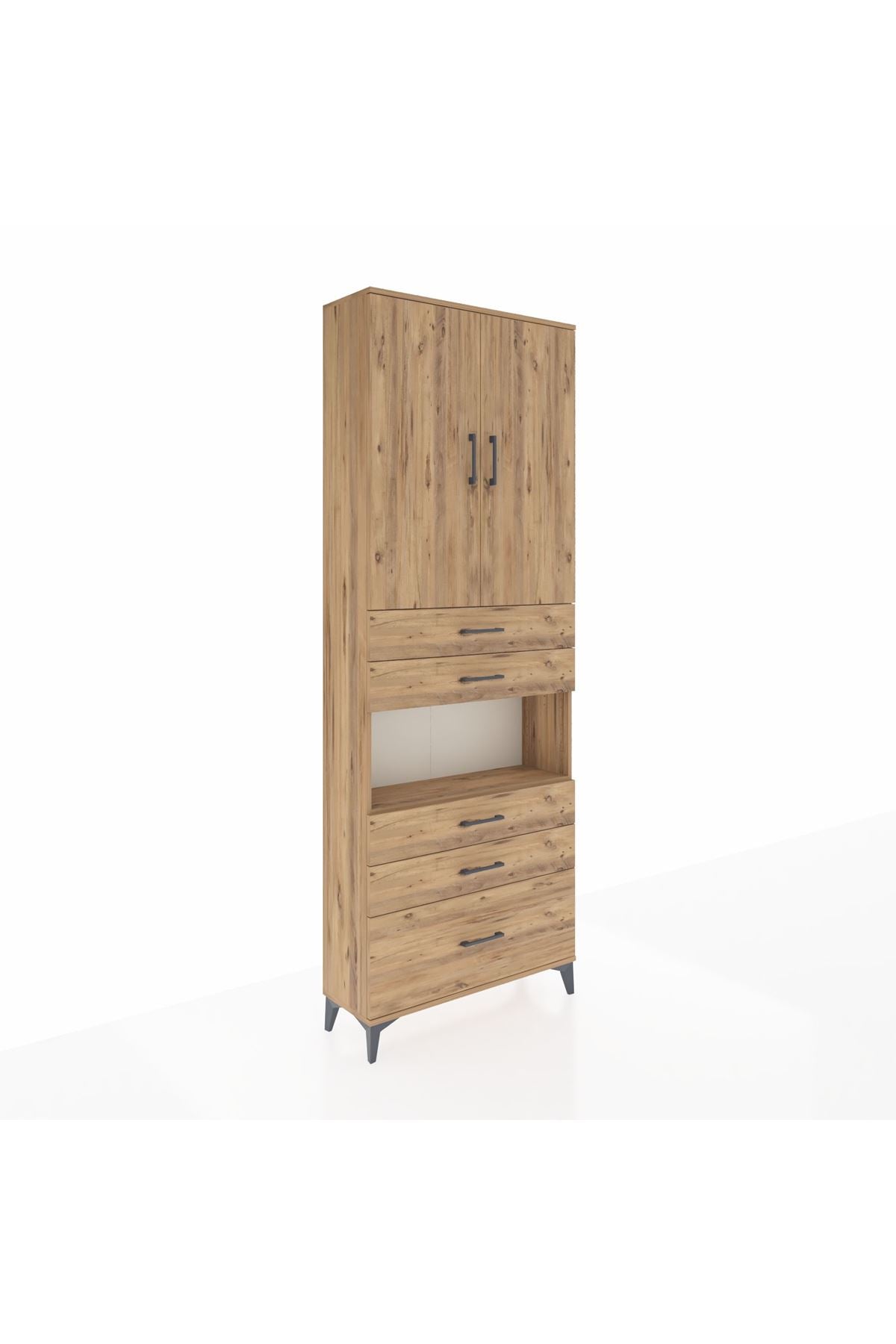 Arges Dolap 4 Raflı 5 Çekmeceli 2 Kapaklı 88x30x243 Çam-Çam