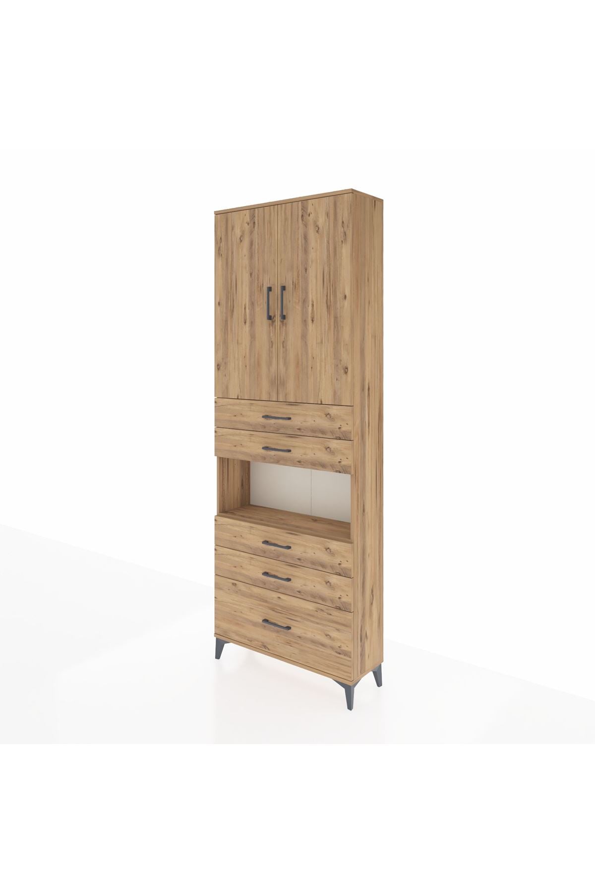 Arges Dolap 4 Raflı 5 Çekmeceli 2 Kapaklı 88x30x243 Çam-Çam