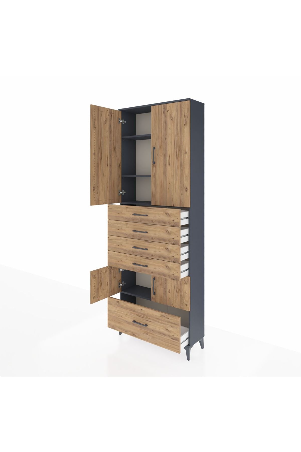 Arges Dolap 4 Raflı 5 Çekmeceli 4 Kapaklı 88x30x243 Antrasit-Çam