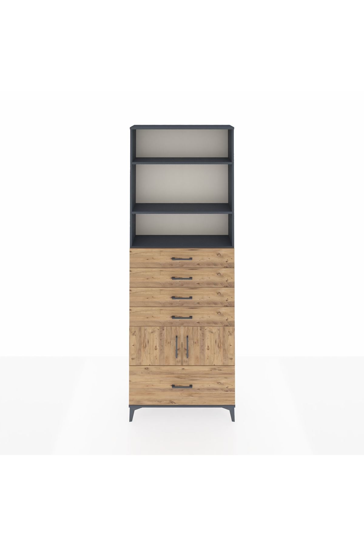 Arges Dolap 4 Raflı 5 Çekmeceli 2 Kapaklı 88x30x243 Antrasit-Çam