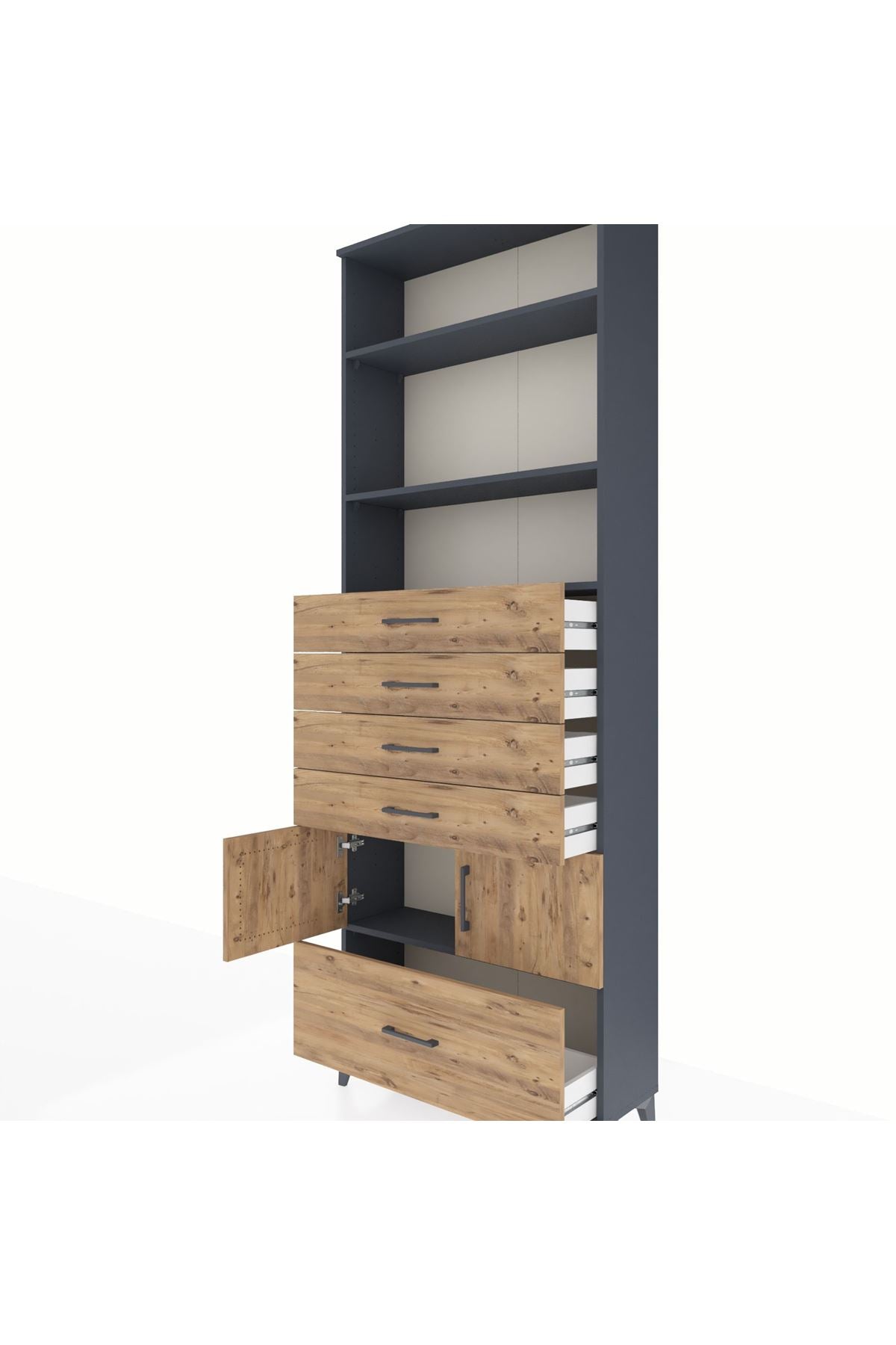 Arges Dolap 4 Raflı 5 Çekmeceli 2 Kapaklı 88x30x243 Antrasit-Çam