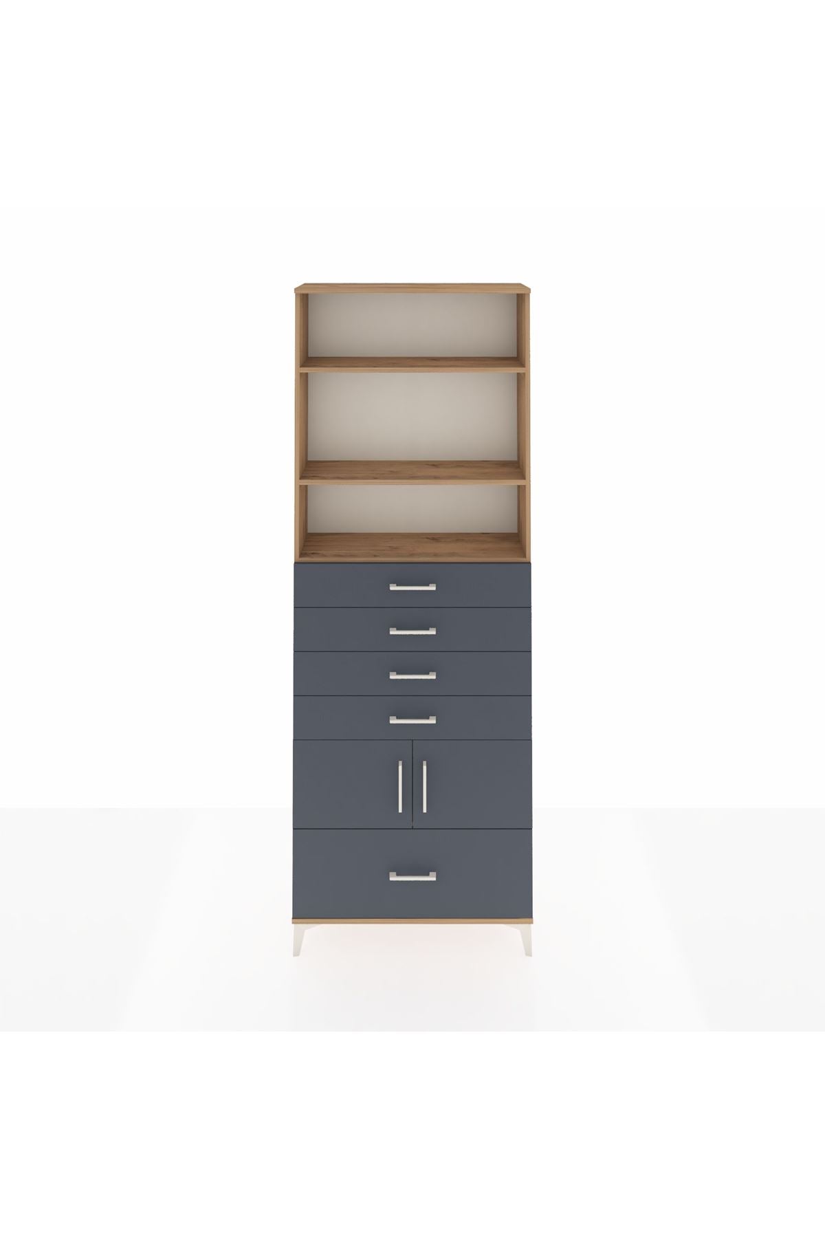 Arges Dolap 4 Raflı 5 Çekmeceli 2 Kapaklı 88x30x243 Çam-Antrasit