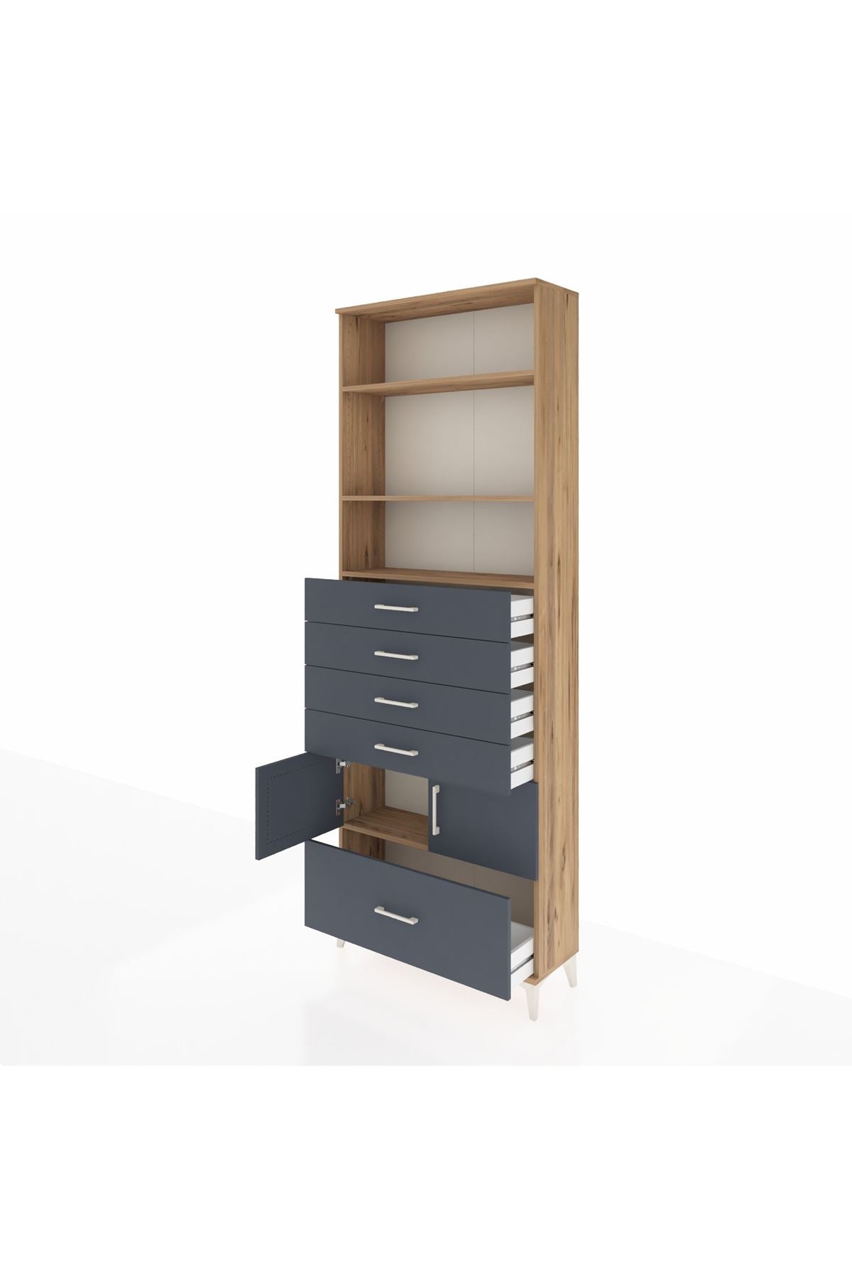 Arges Dolap 4 Raflı 5 Çekmeceli 2 Kapaklı 88x30x243 Çam-Antrasit