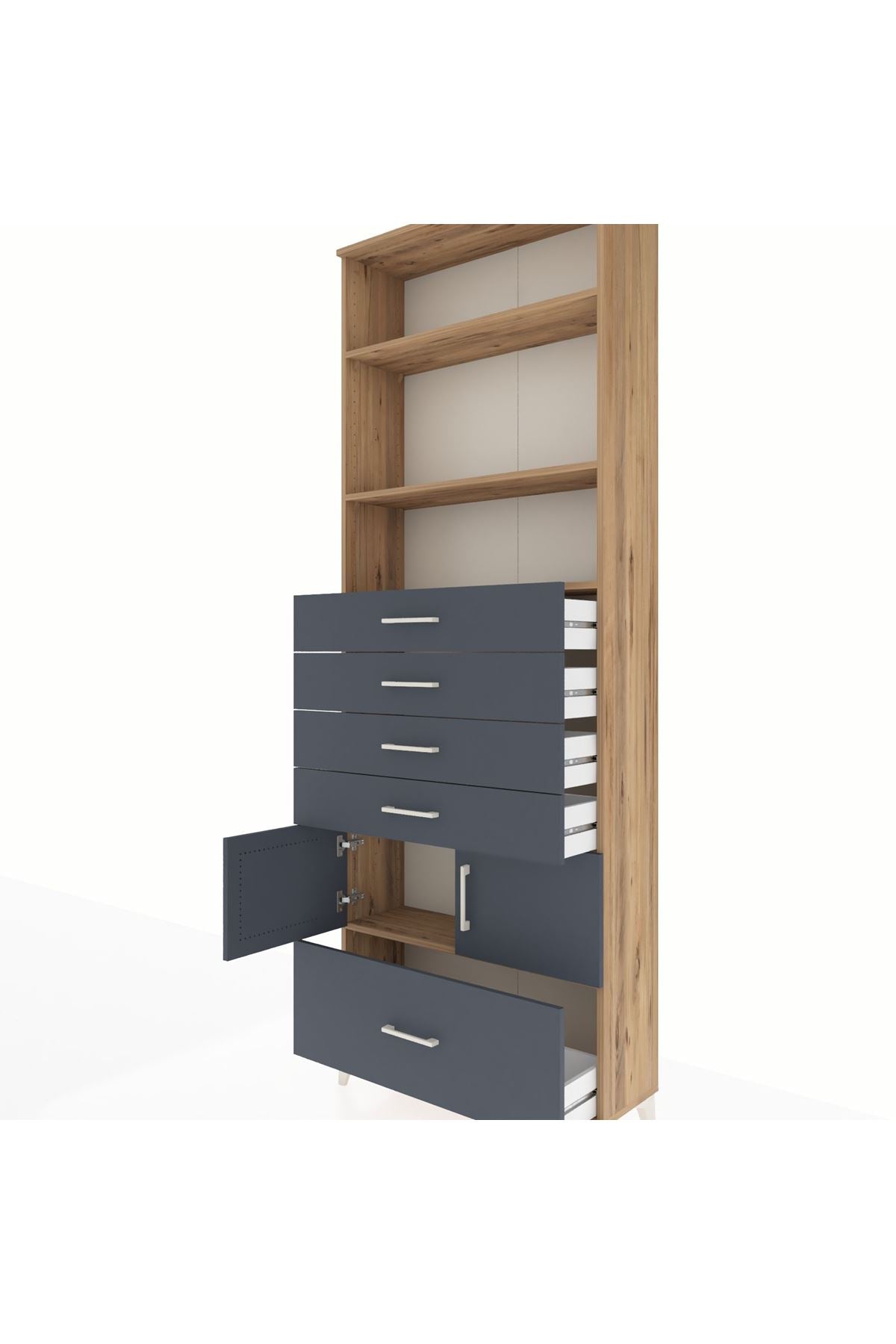 Arges Dolap 4 Raflı 5 Çekmeceli 2 Kapaklı 88x30x243 Çam-Antrasit
