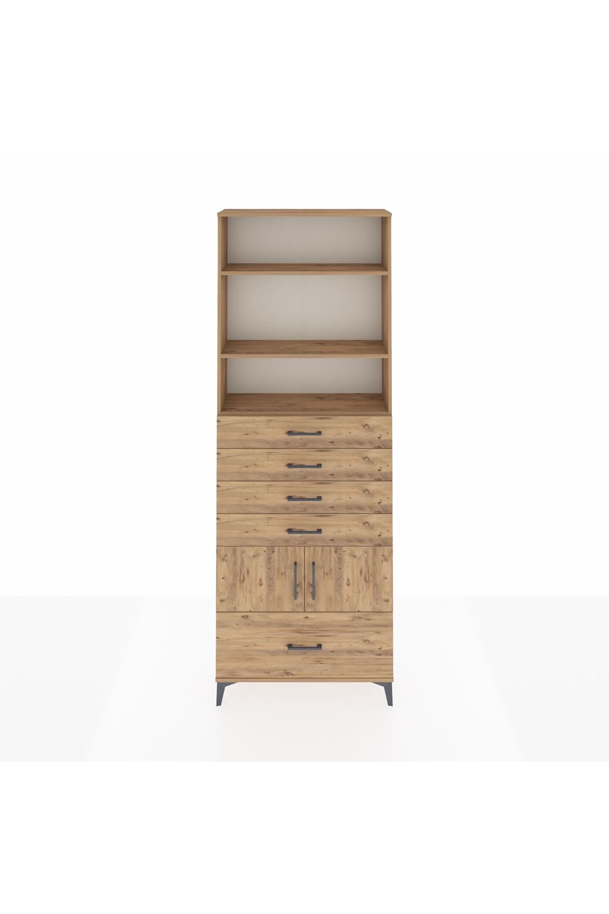 Arges Dolap 4 Raflı 5 Çekmeceli 2 Kapaklı 88x30x243 Çam-Çam