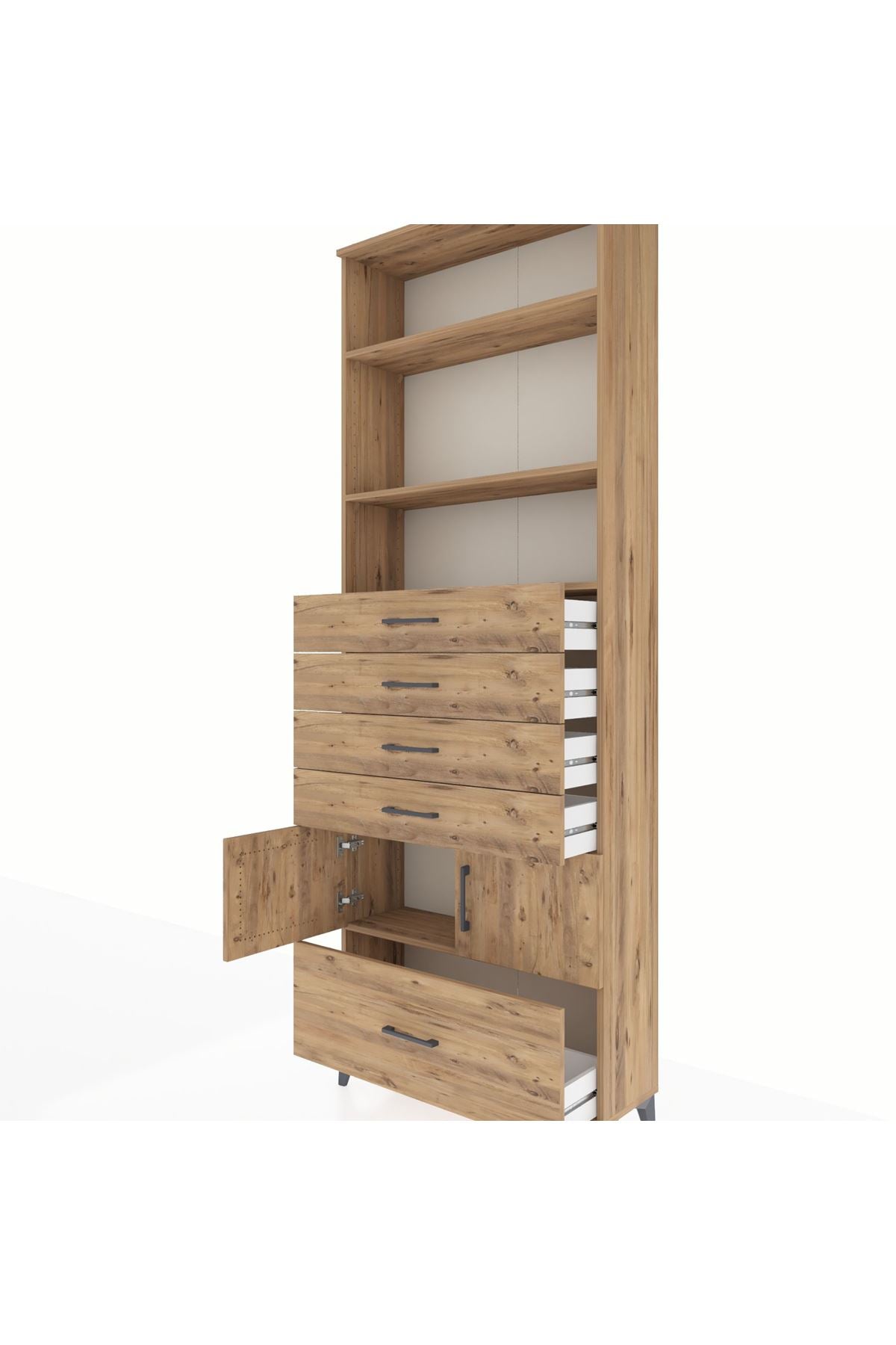 Arges Dolap 4 Raflı 5 Çekmeceli 2 Kapaklı 88x30x243 Çam-Çam