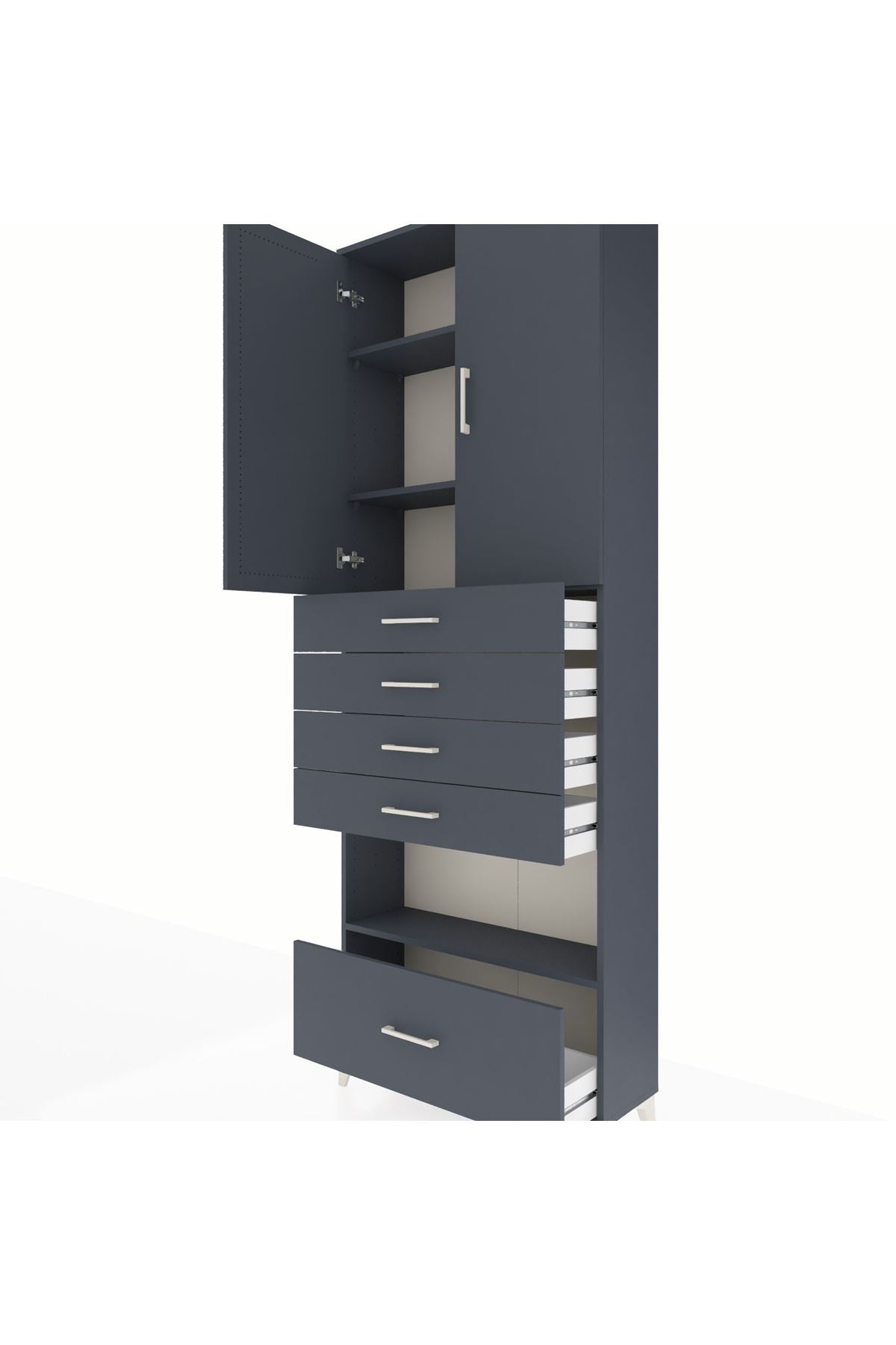 Arges Dolap 4 Raflı 5 Çekmeceli 2 Kapaklı 88x30x243 Antrasit-Antrasit