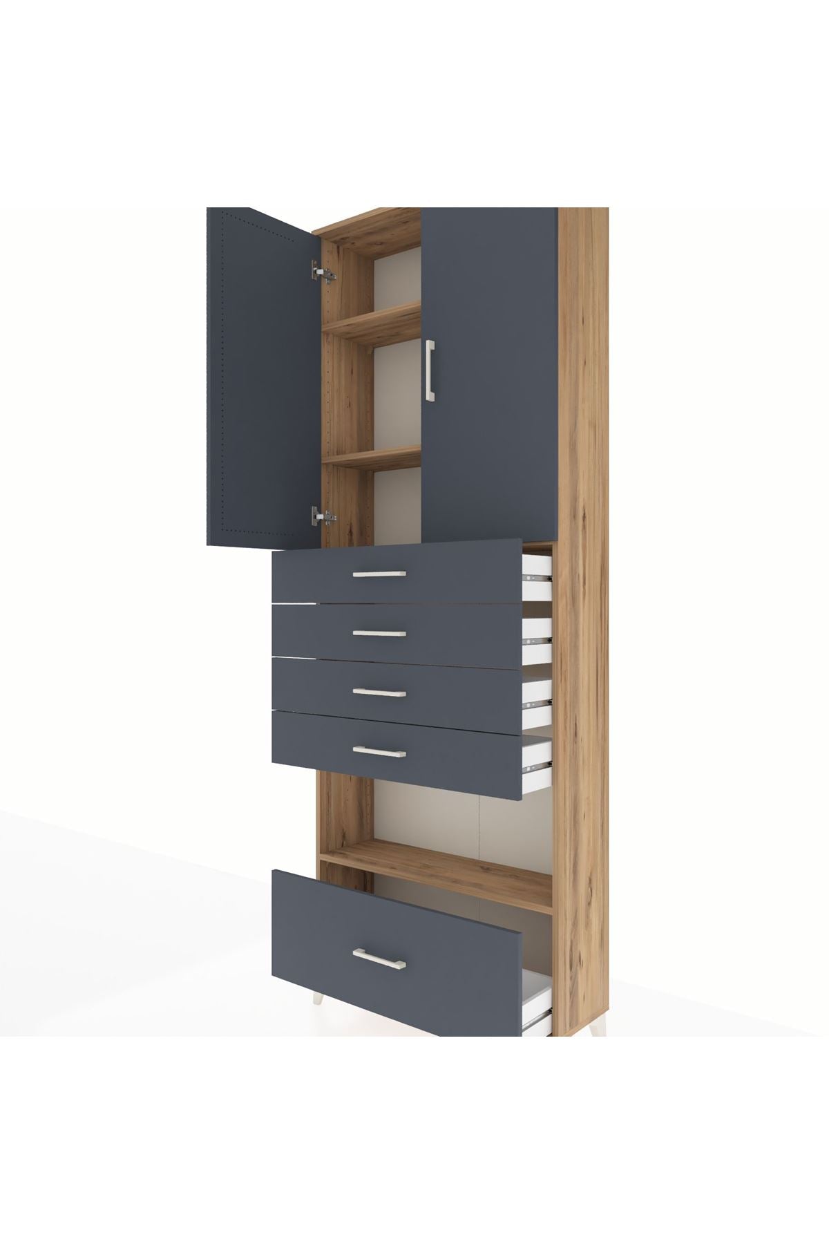 Arges Dolap 4 Raflı 5 Çekmeceli 2 Kapaklı 88x30x243 Çam-Antrasit