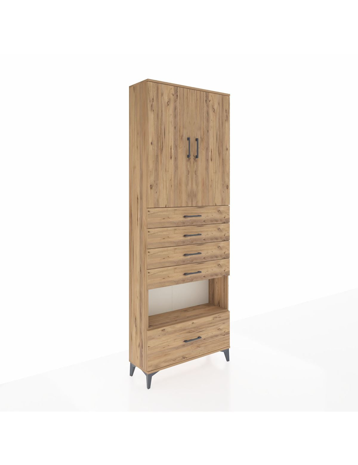 Arges Dolap 4 Raflı 5 Çekmeceli 2 Kapaklı 88x30x243 Çam-Çam