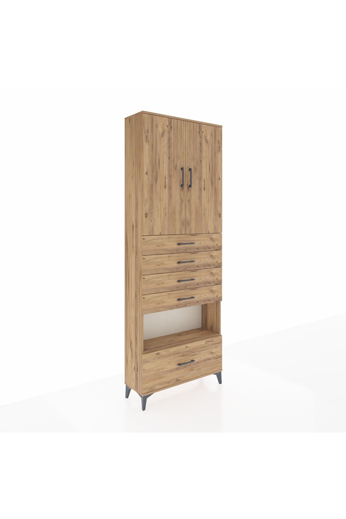 Arges Dolap 4 Raflı 5 Çekmeceli 2 Kapaklı 88x30x243 Çam-Çam