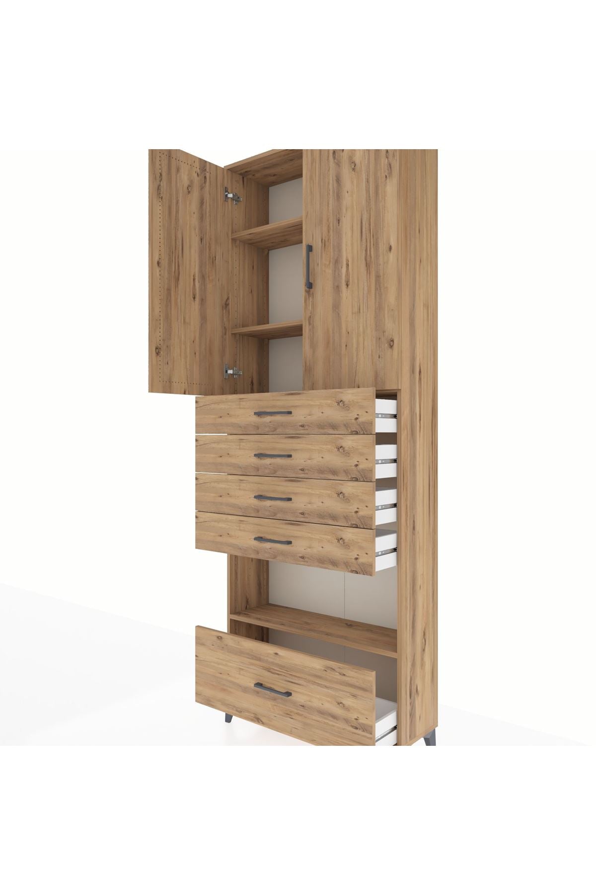 Arges Dolap 4 Raflı 5 Çekmeceli 2 Kapaklı 88x30x243 Çam-Çam