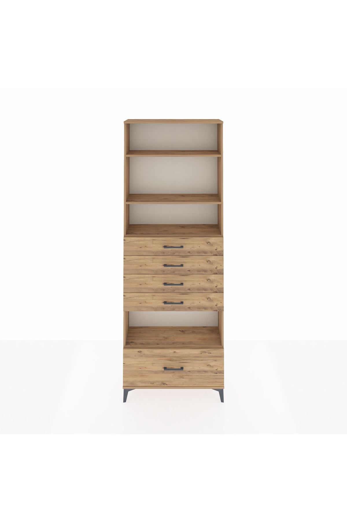 Arges Dolap 4 Raflı 5 Çekmeceli 88x30x243 Çam-Çam