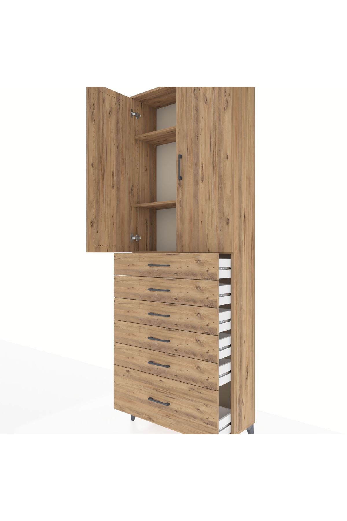 Arges Dolap 3 Raflı 6 Çekmeceli 2 Kapaklı 88x30x243 Çam-Çam