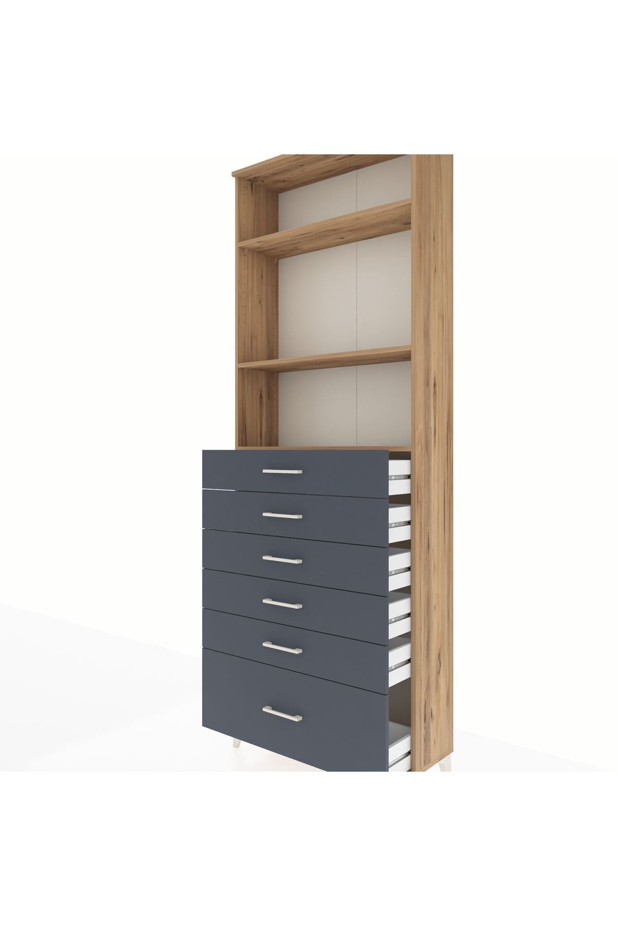 Arges Dolap 3 Raflı 6 Çekmeceli 88x30x243 Çam-Antrasit