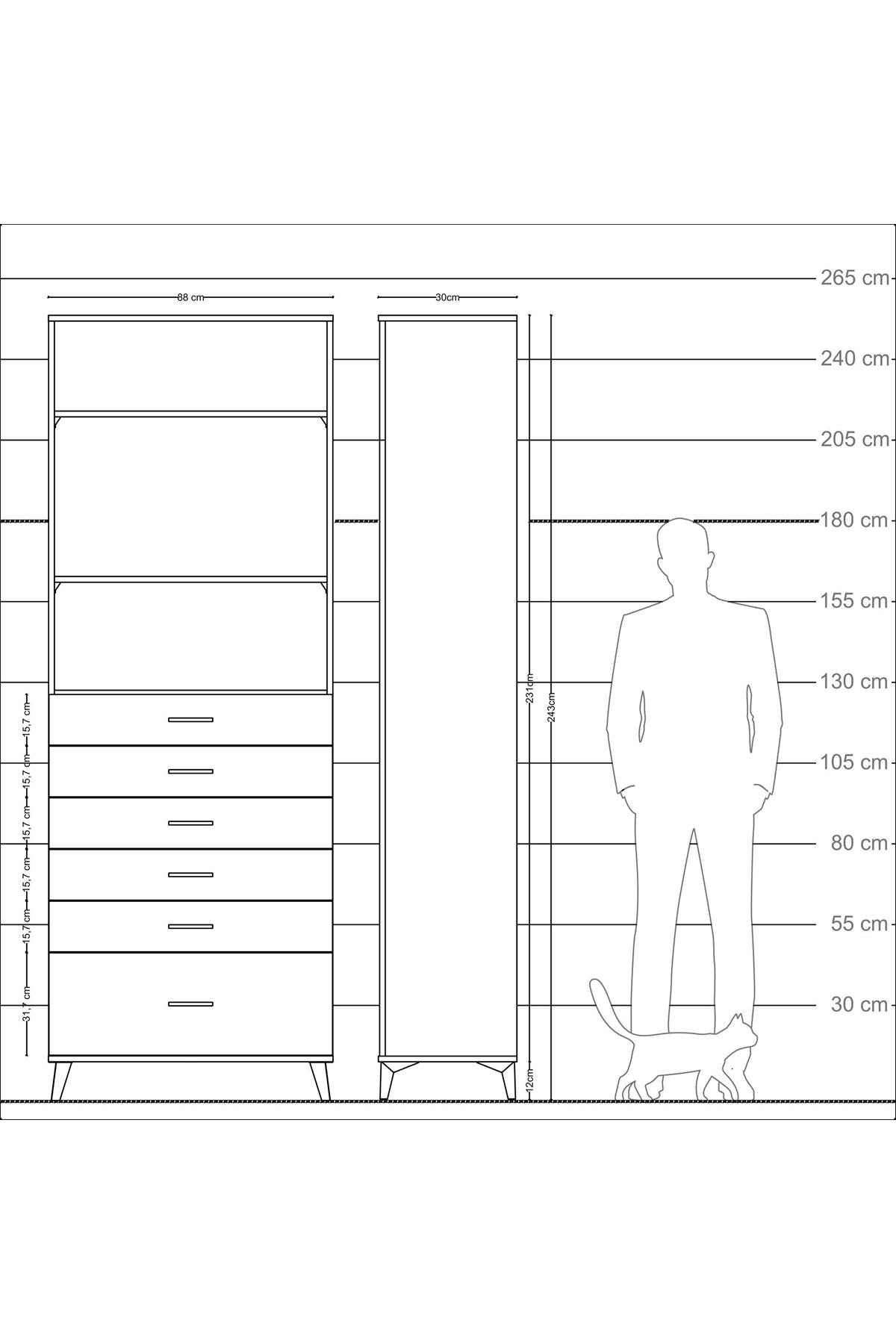 Arges Dolap 3 Raflı 6 Çekmeceli 88x30x243 Çam-Çam