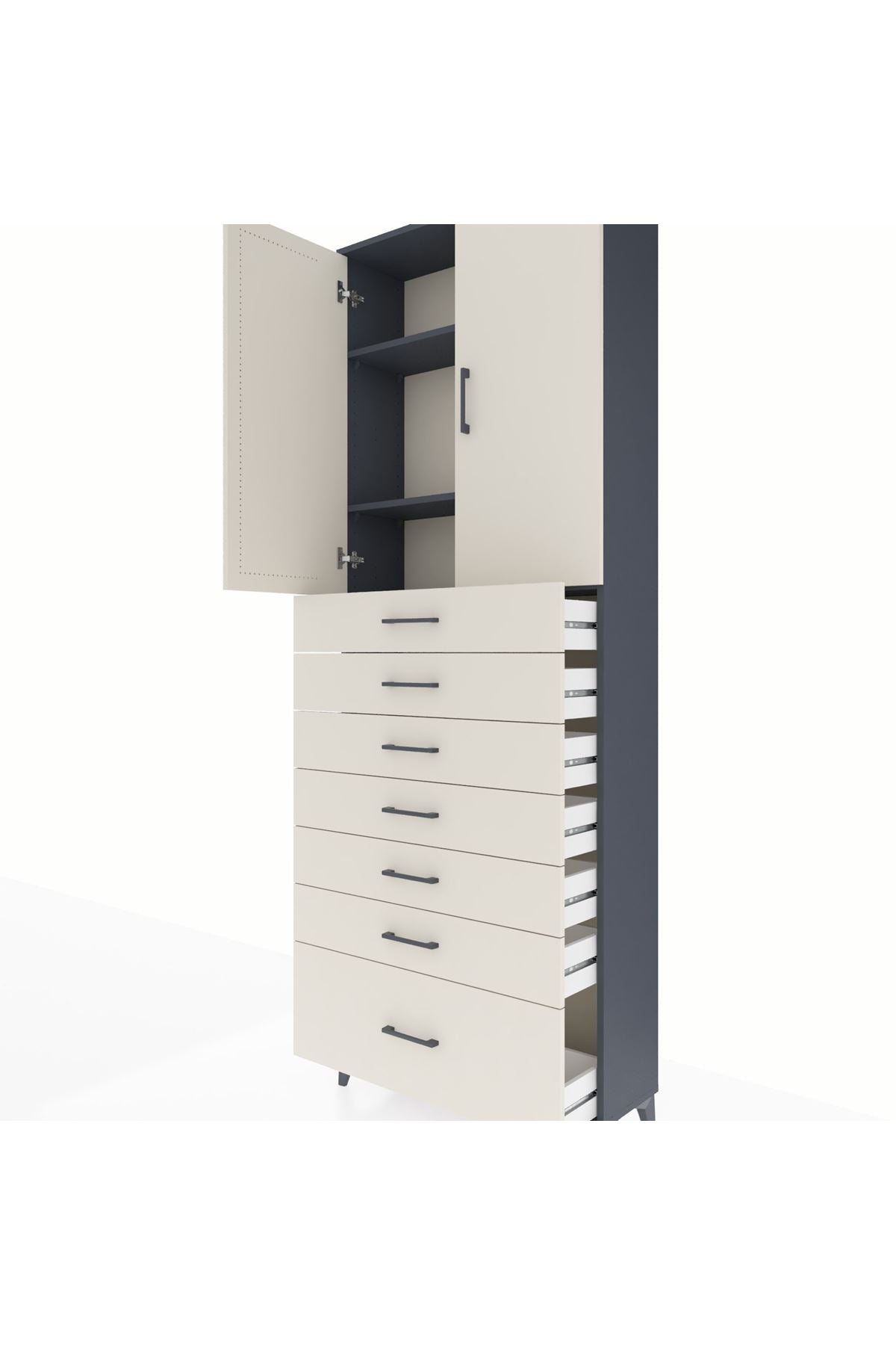 Arges Dolap 3 Raflı 7 Çekmeceli 2 Kapaklı 88x30x243 Antrasit-Aytaşı