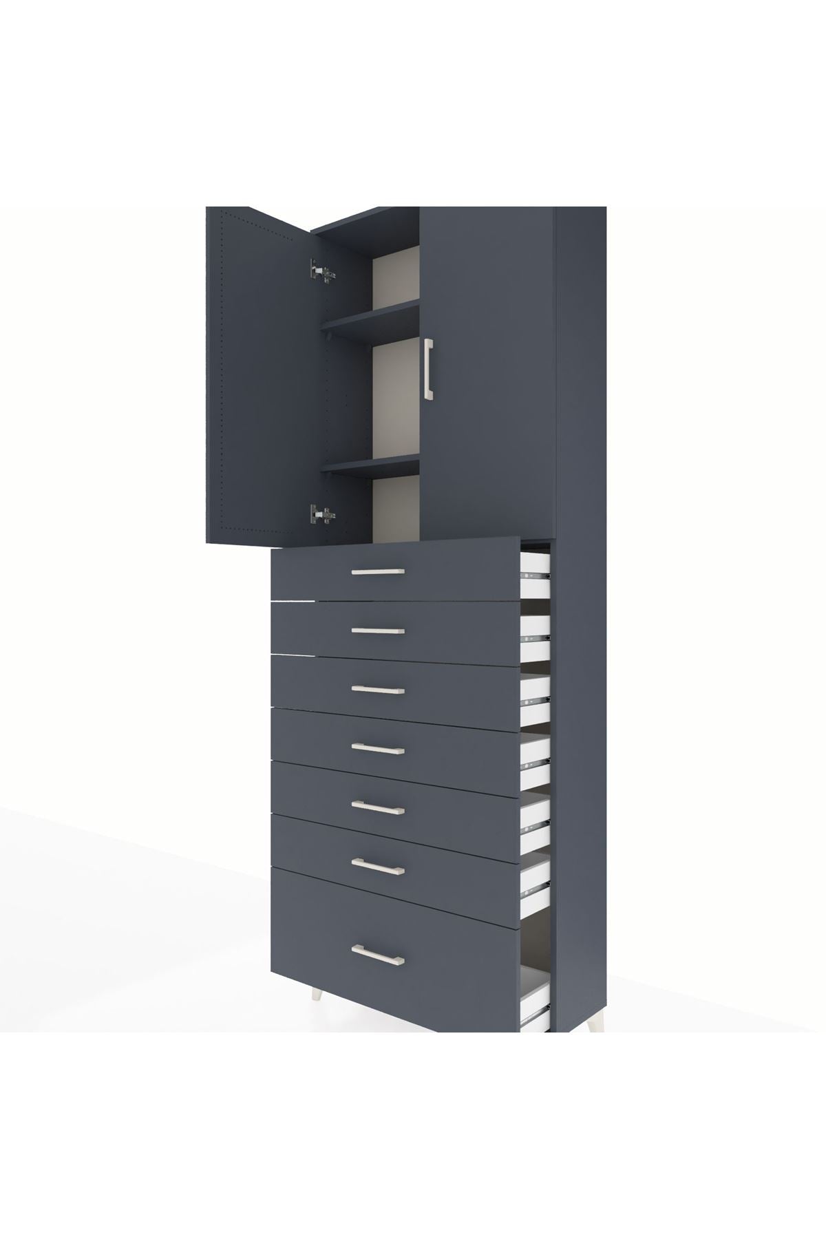 Arges Dolap 3 Raflı 7 Çekmeceli 2 Kapaklı 88x30x243 Antrasit-Antrasit