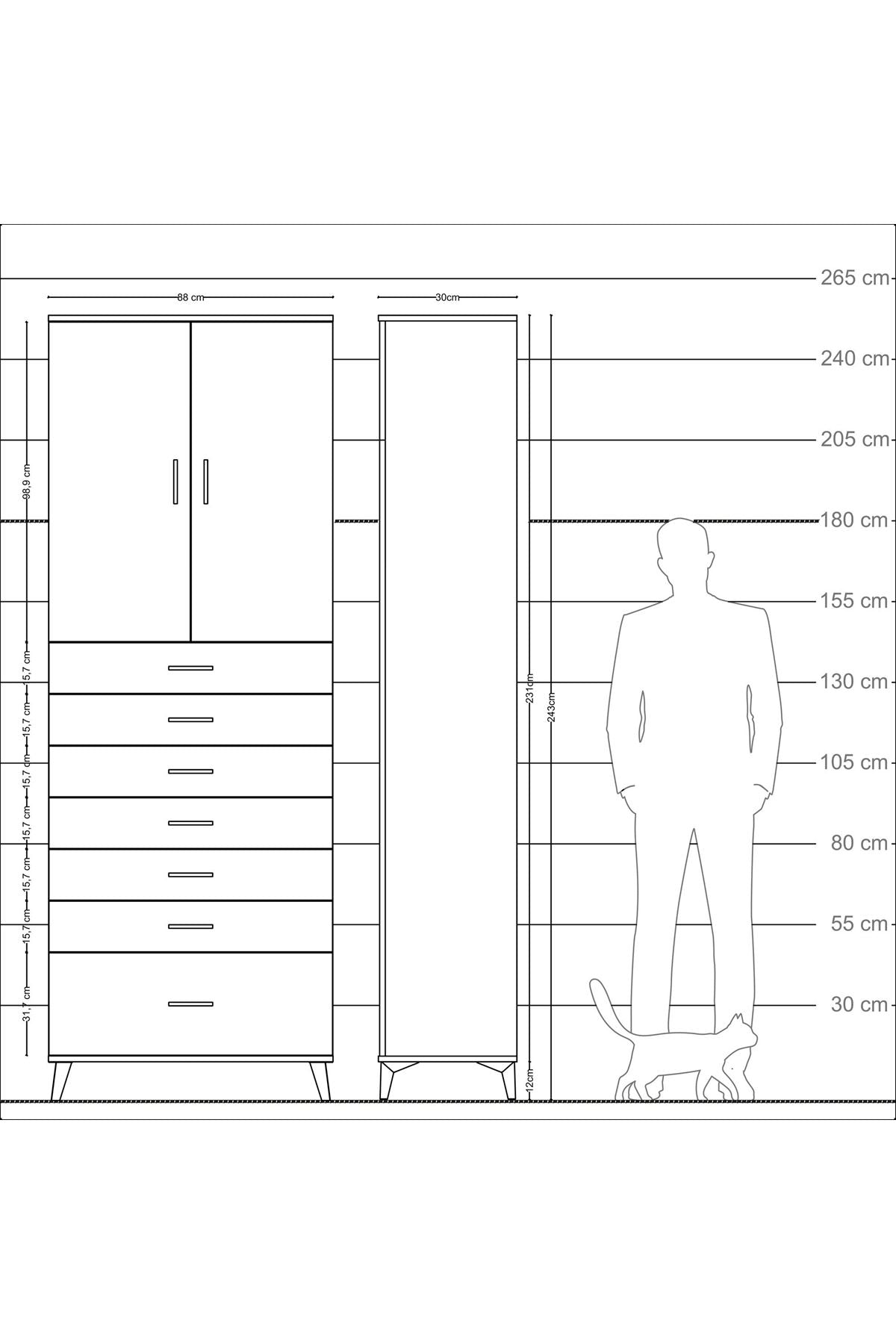 Arges Dolap 3 Raflı 7 Çekmeceli 2 Kapaklı 88x30x243 Çam-Aytaşı
