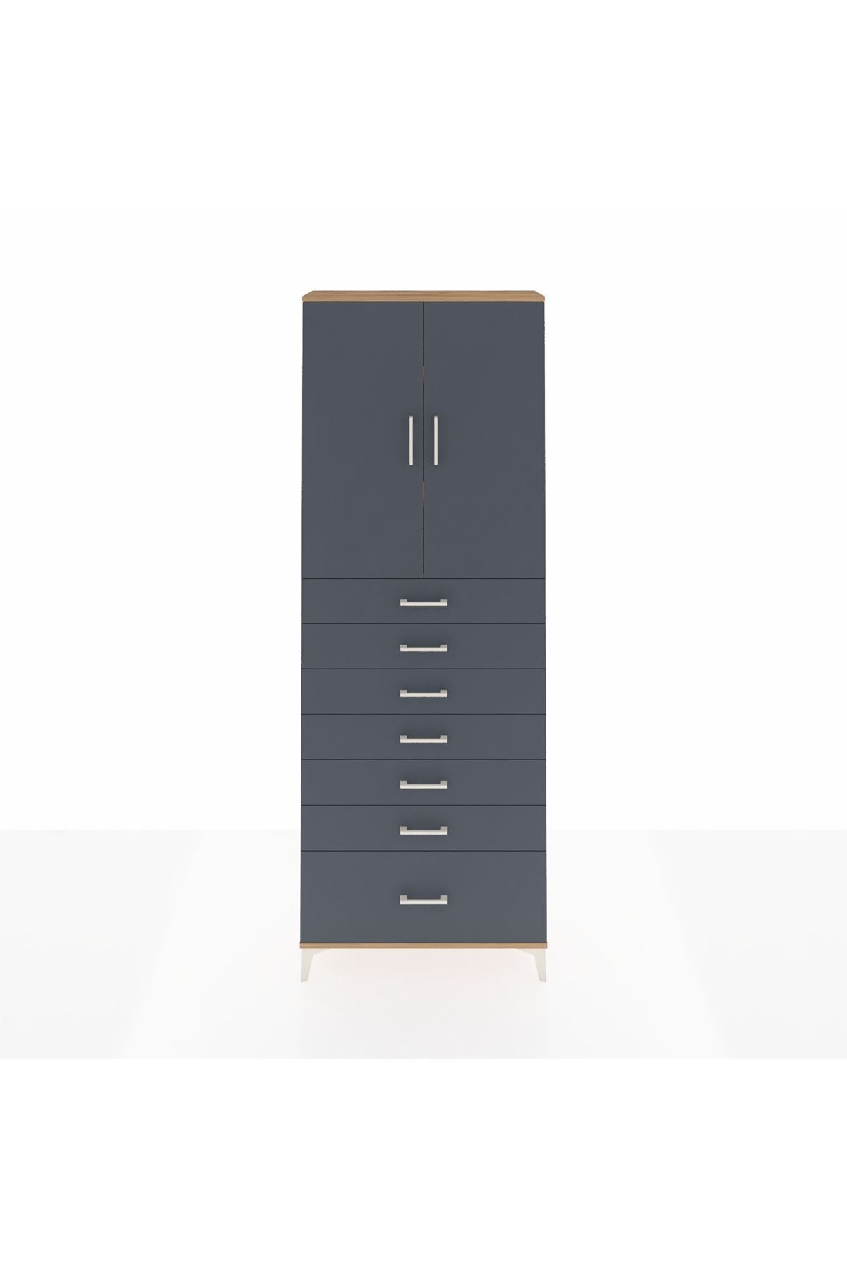 Arges Dolap 3 Raflı 7 Çekmeceli 2 Kapaklı 88x30x243 Çam-Antrasit