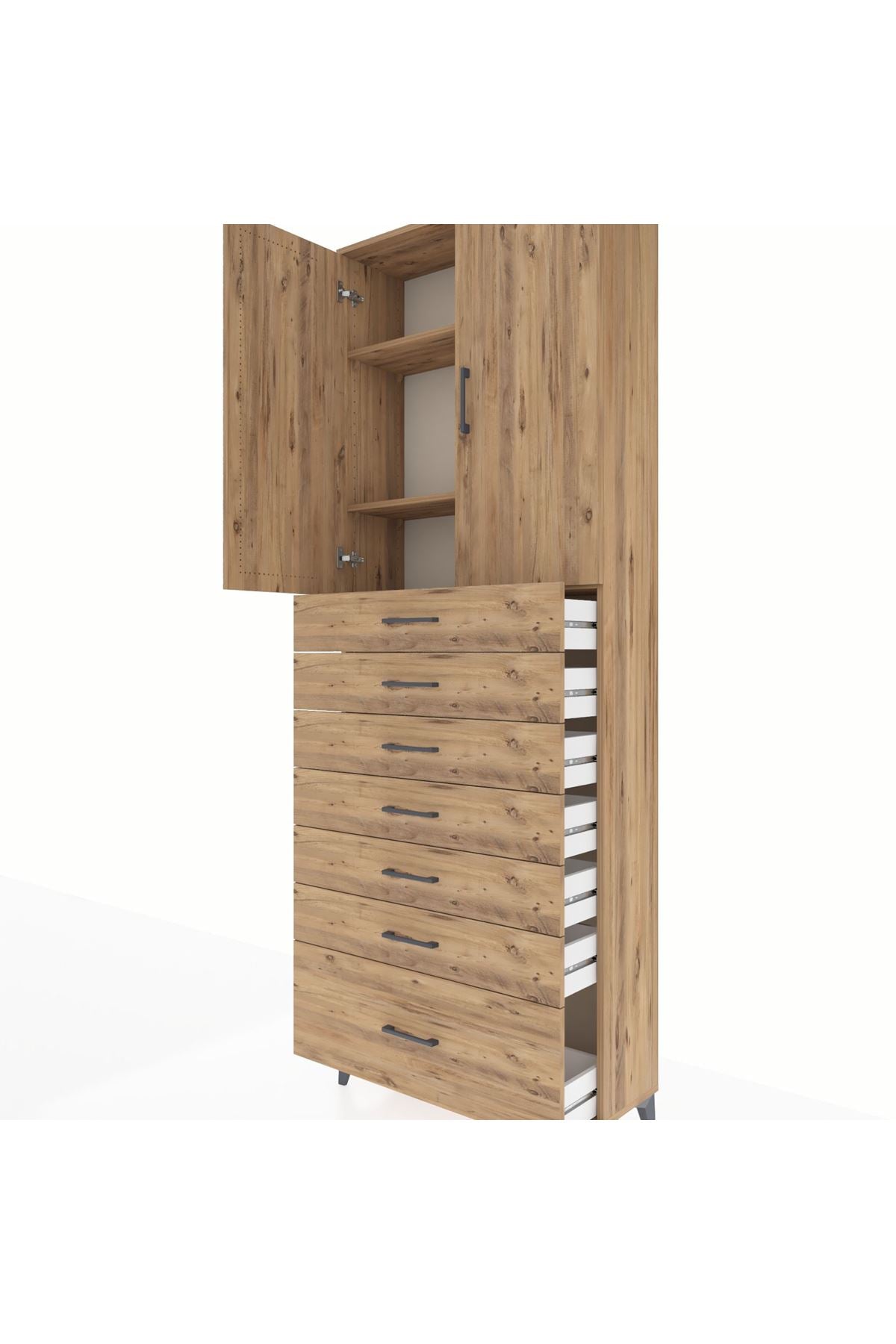 Arges Dolap 3 Raflı 7 Çekmeceli 2 Kapaklı 88x30x243 Çam-Çam