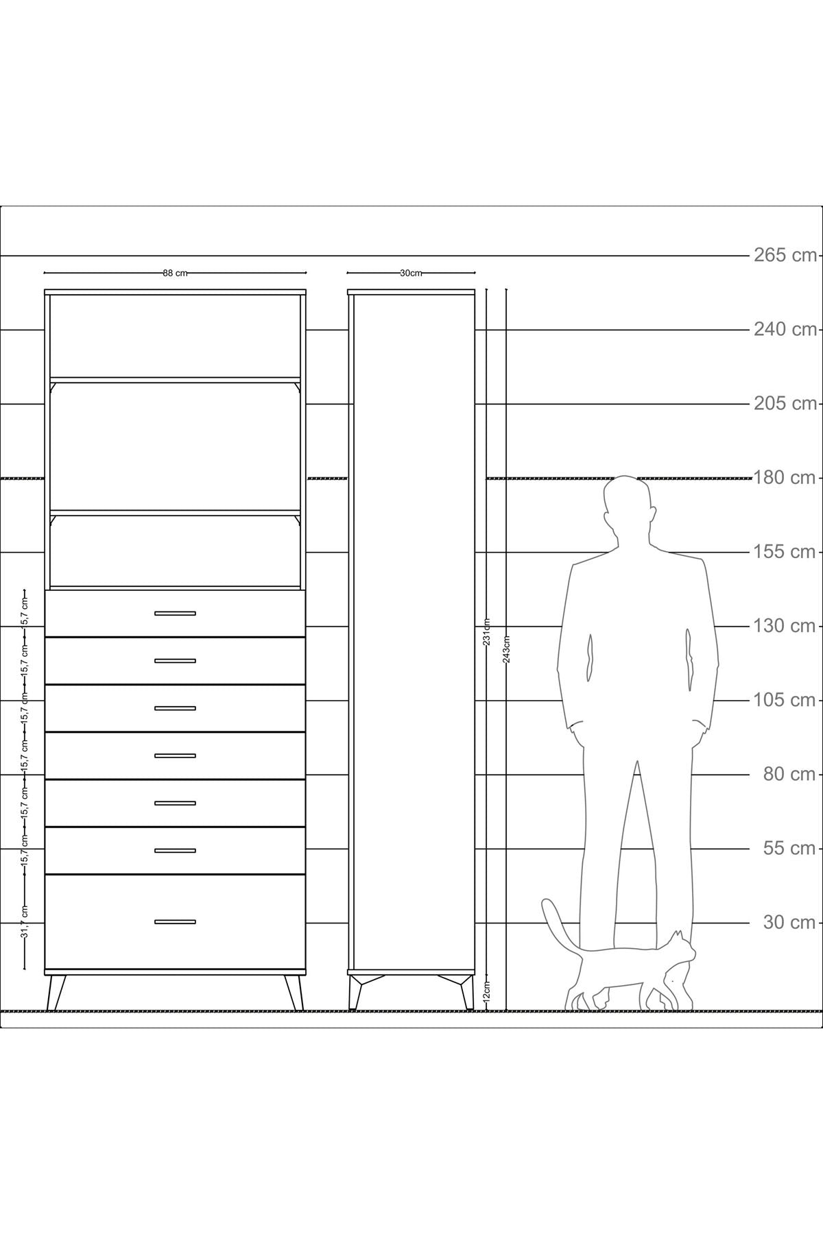 Arges Dolap 3 Raflı 7 Çekmeceli 88x30x243 Antrasit-Antrasit