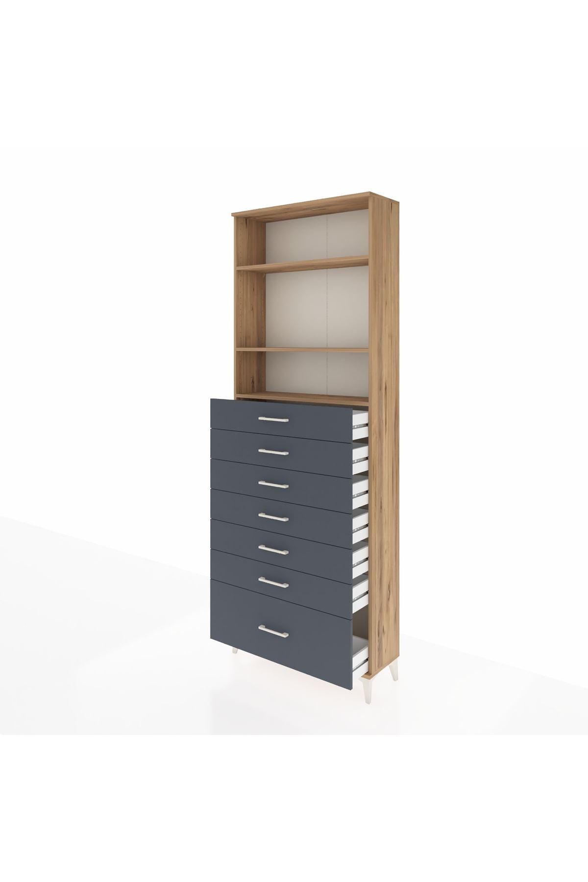 Arges Dolap 3 Raflı 7 Çekmeceli 88x30x243 Çam-Antrasit