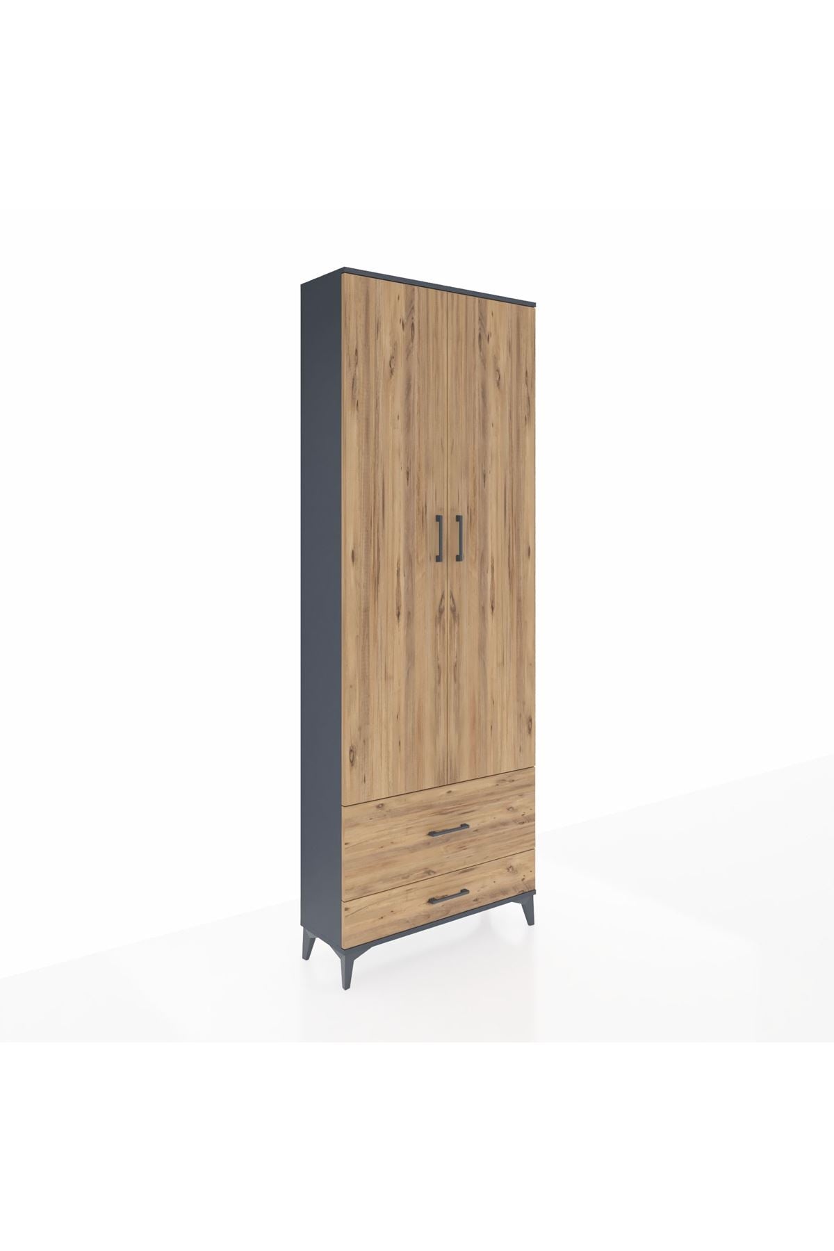 Arges Dolap 4 Raflı 2 Çekmeceli 2 Kapaklı 88x30x243 Antrasit-Çam