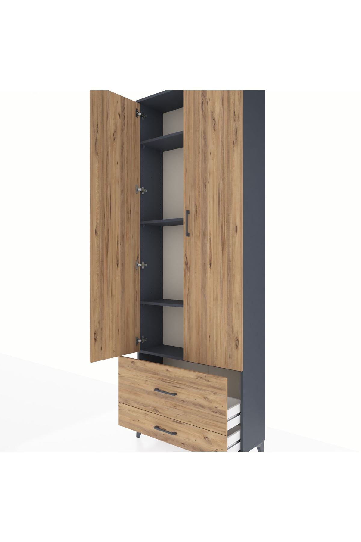 Arges Dolap 4 Raflı 2 Çekmeceli 2 Kapaklı 88x30x243 Antrasit-Çam