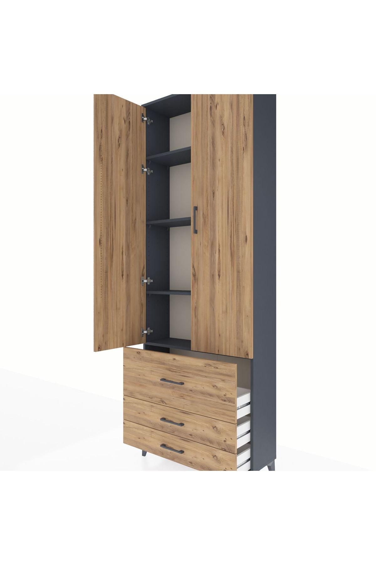 Arges Dolap 4 Raflı 3 Çekmeceli 2 Kapaklı 88x30x243 Antrasit-Çam