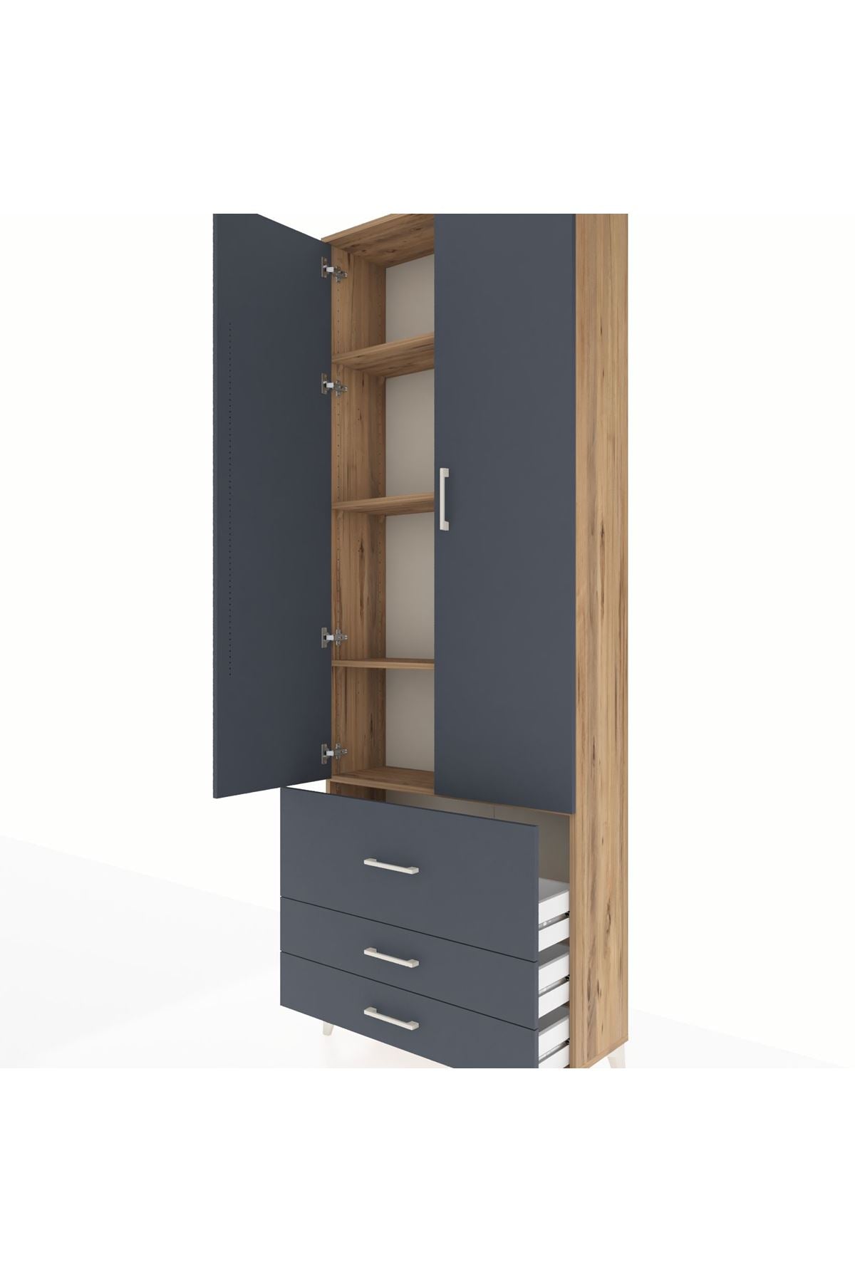 Arges Dolap 4 Raflı 3 Çekmeceli 2 Kapaklı 88x30x243 Çam-Antrasit