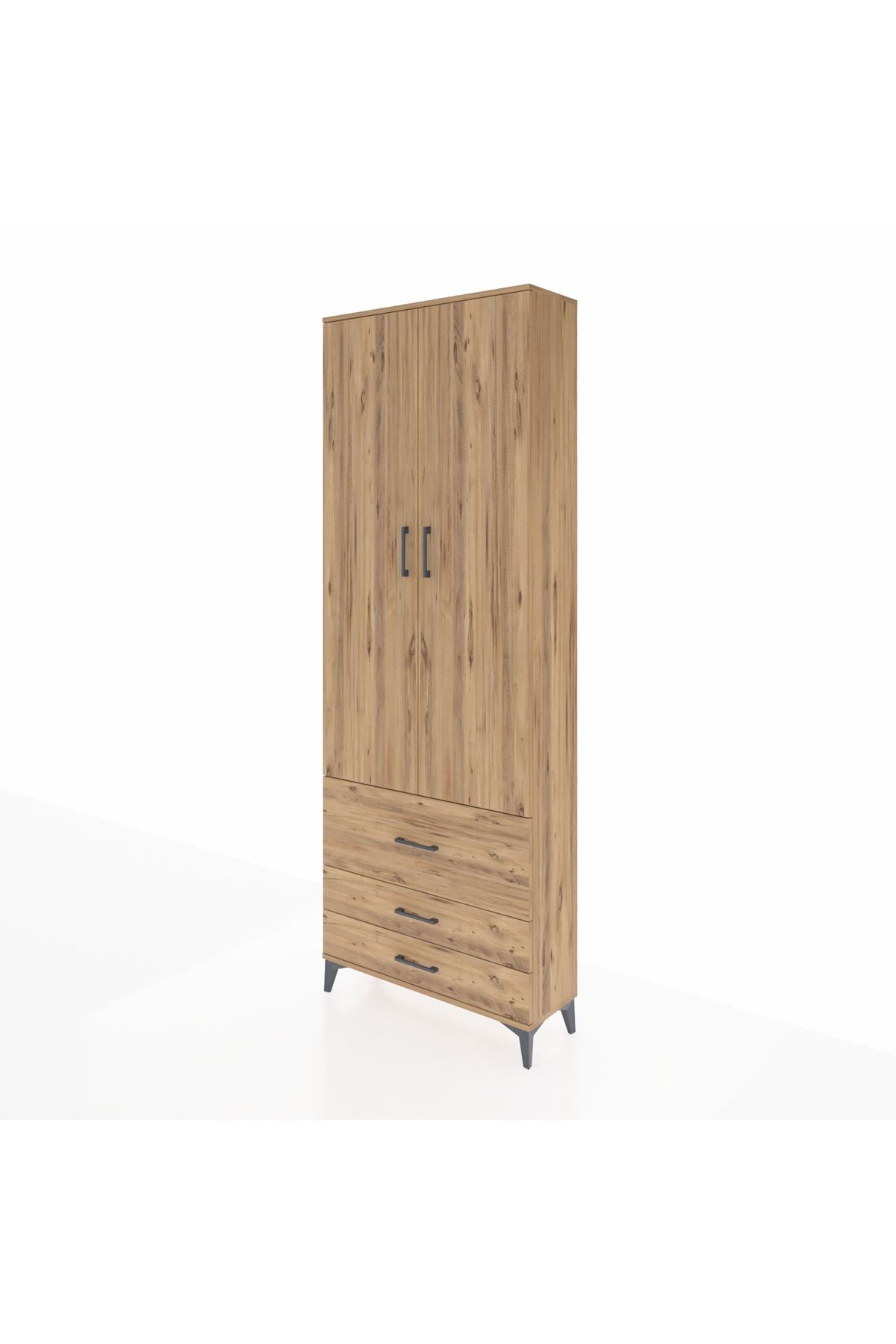 Arges Dolap 4 Raflı 3 Çekmeceli 2 Kapaklı 88x30x243 Çam-Çam