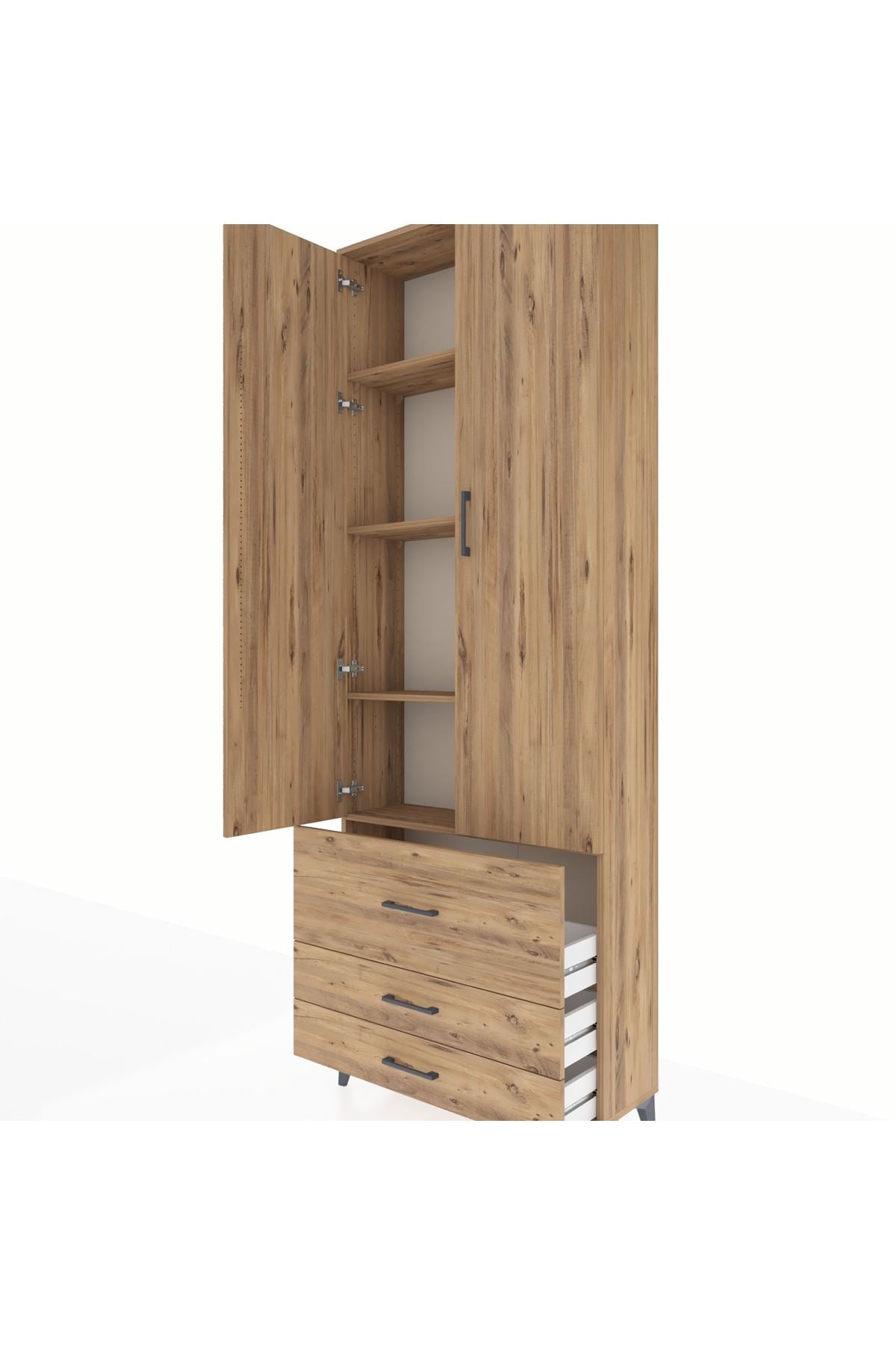 Arges Dolap 4 Raflı 3 Çekmeceli 2 Kapaklı 88x30x243 Çam-Çam
