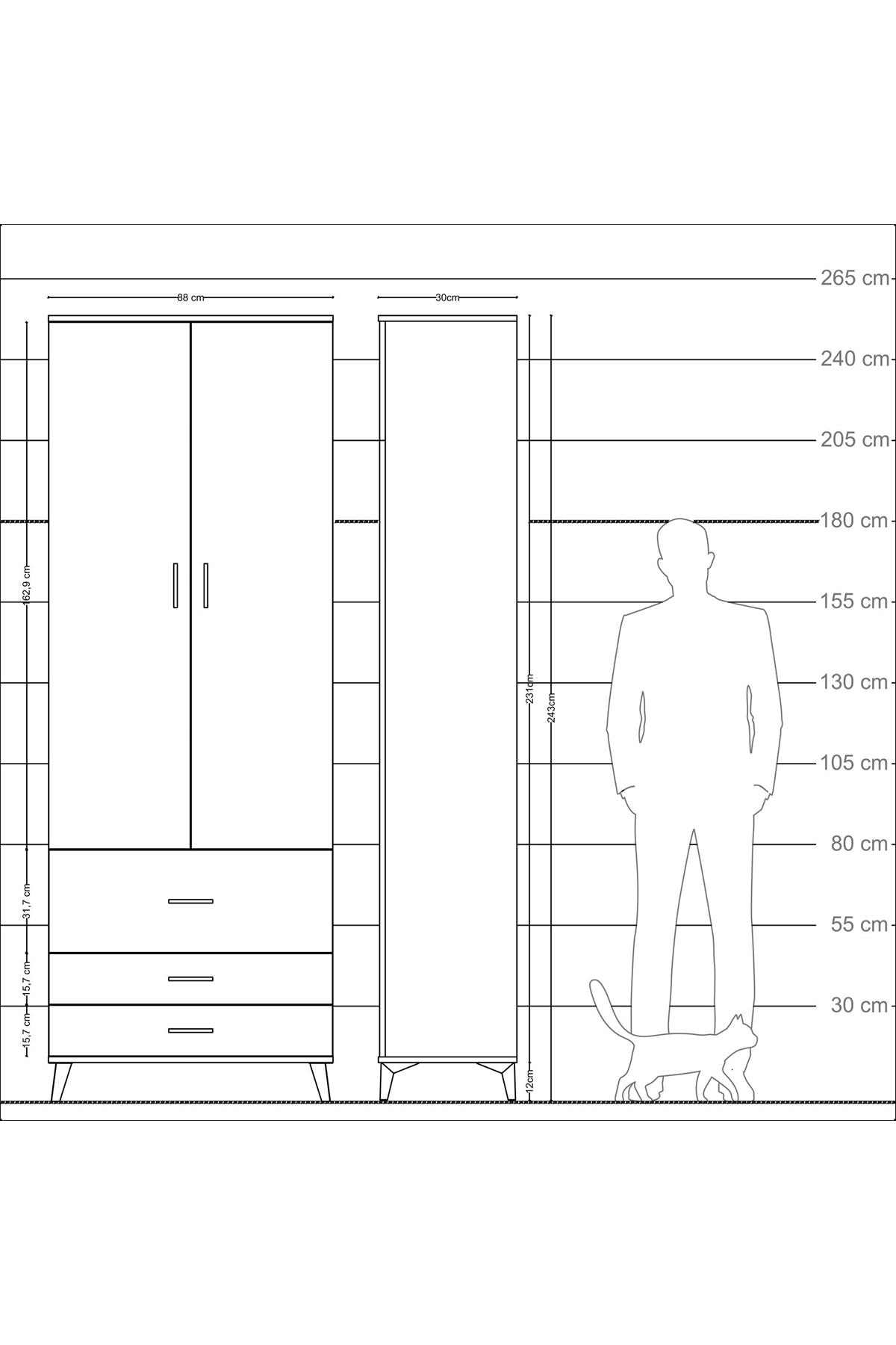 Arges Dolap 4 Raflı 3 Çekmeceli 2 Kapaklı 88x30x243 Çam-Çam