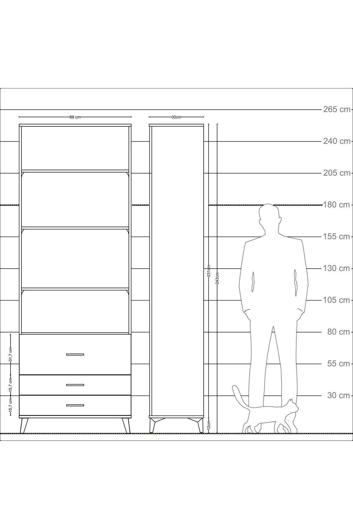 Arges Dolap 4 Raflı 3 Çekmeceli 88x30x243 Çam-Çam